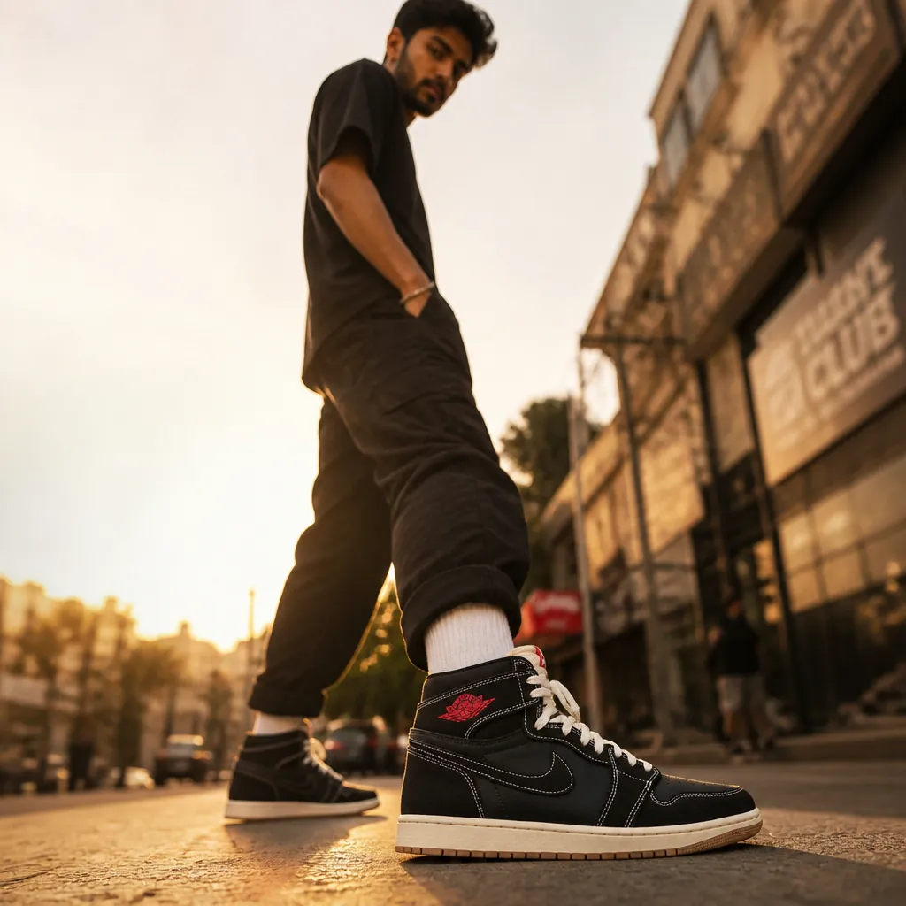 Dynamic lifestyle photograph of a person confidently wearing the Air Jordan Flight Club sneakers in an urban setting during golden hour, demonstrating the shoe's versatility from casual street style to athletic use