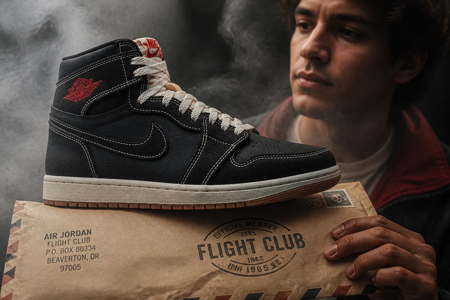 Vintage envelope with FLIGHT CLUB official stamp and mysterious fog effect, evoking 1980s exclusive mail-in club membership