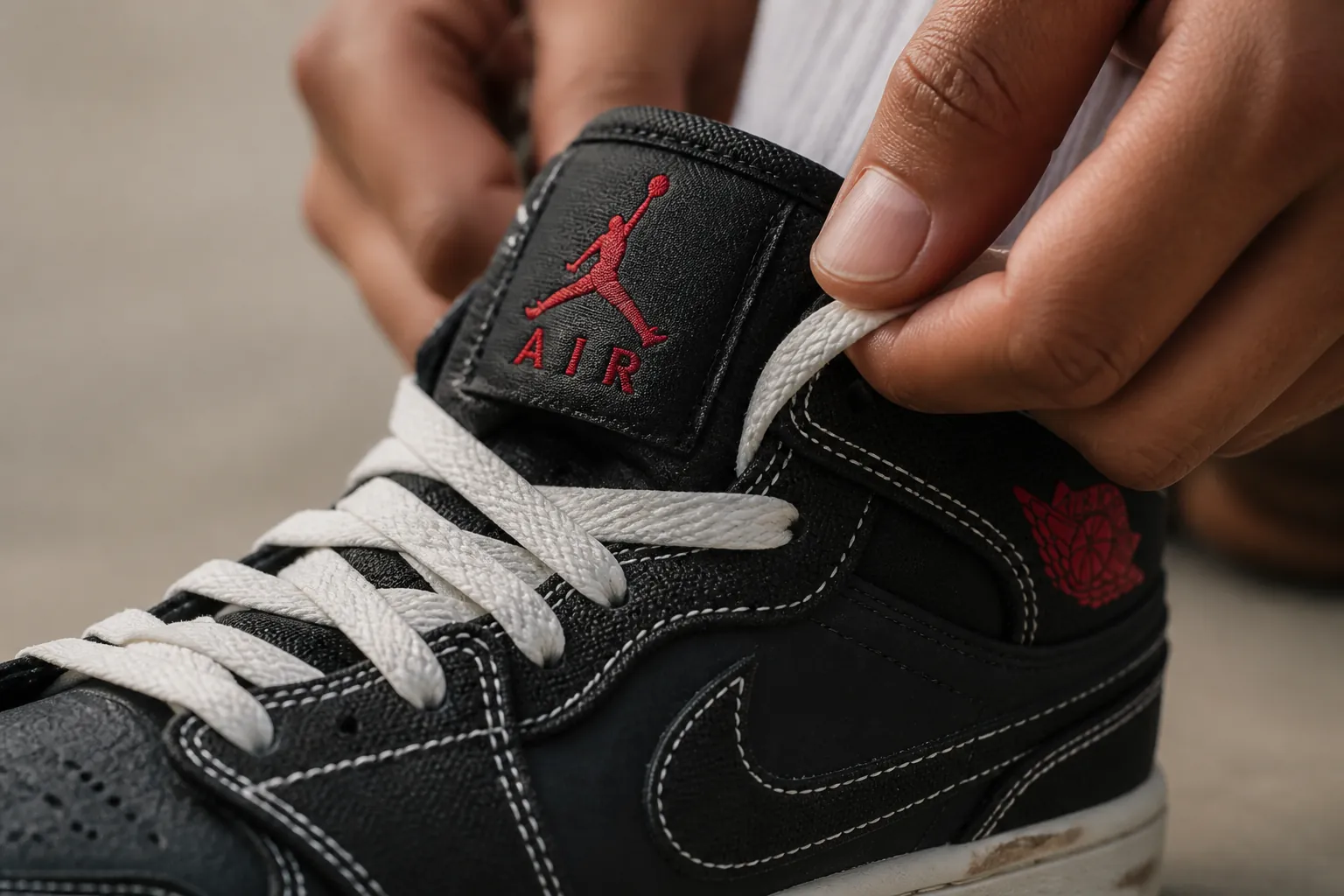 Close-up detail of Jumpman logo embroidered on tongue with premium red stitching accents