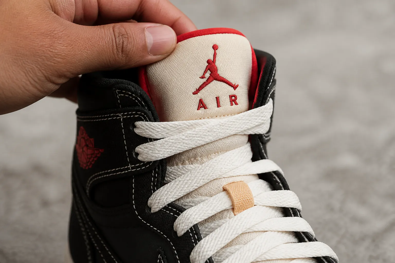 Close-up of Jumpman logo embroidery on tongue showing exceptional stitch quality and detail