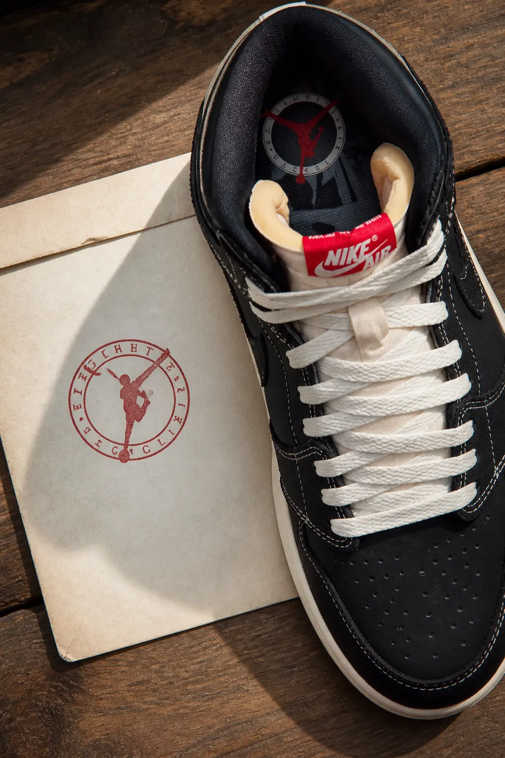 Vintage envelope with Flight Club rubber stamp featuring Michael Jordan silhouette peeking through in classic 1980s aesthetic