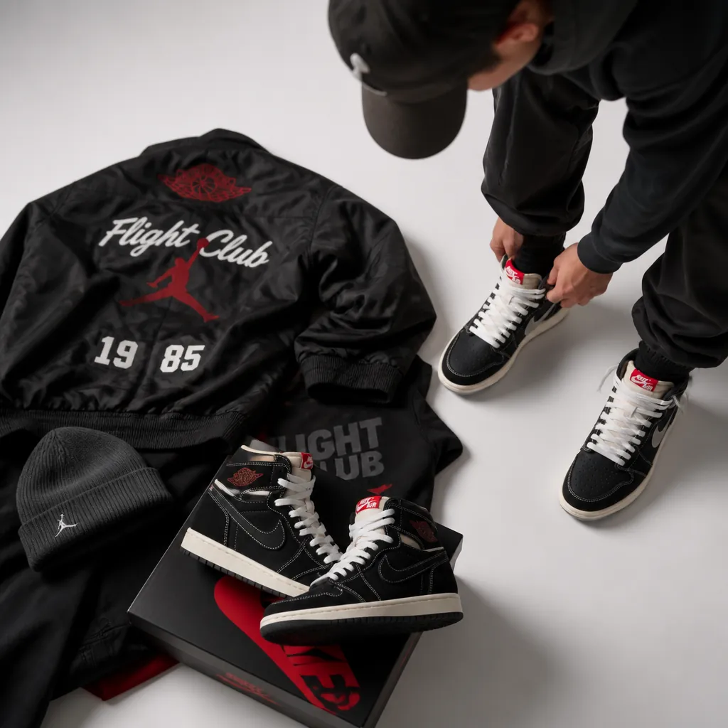Modern Air Jordan 1 Flight Club sneaker collection arranged artfully with contemporary streetwear on a clean studio background