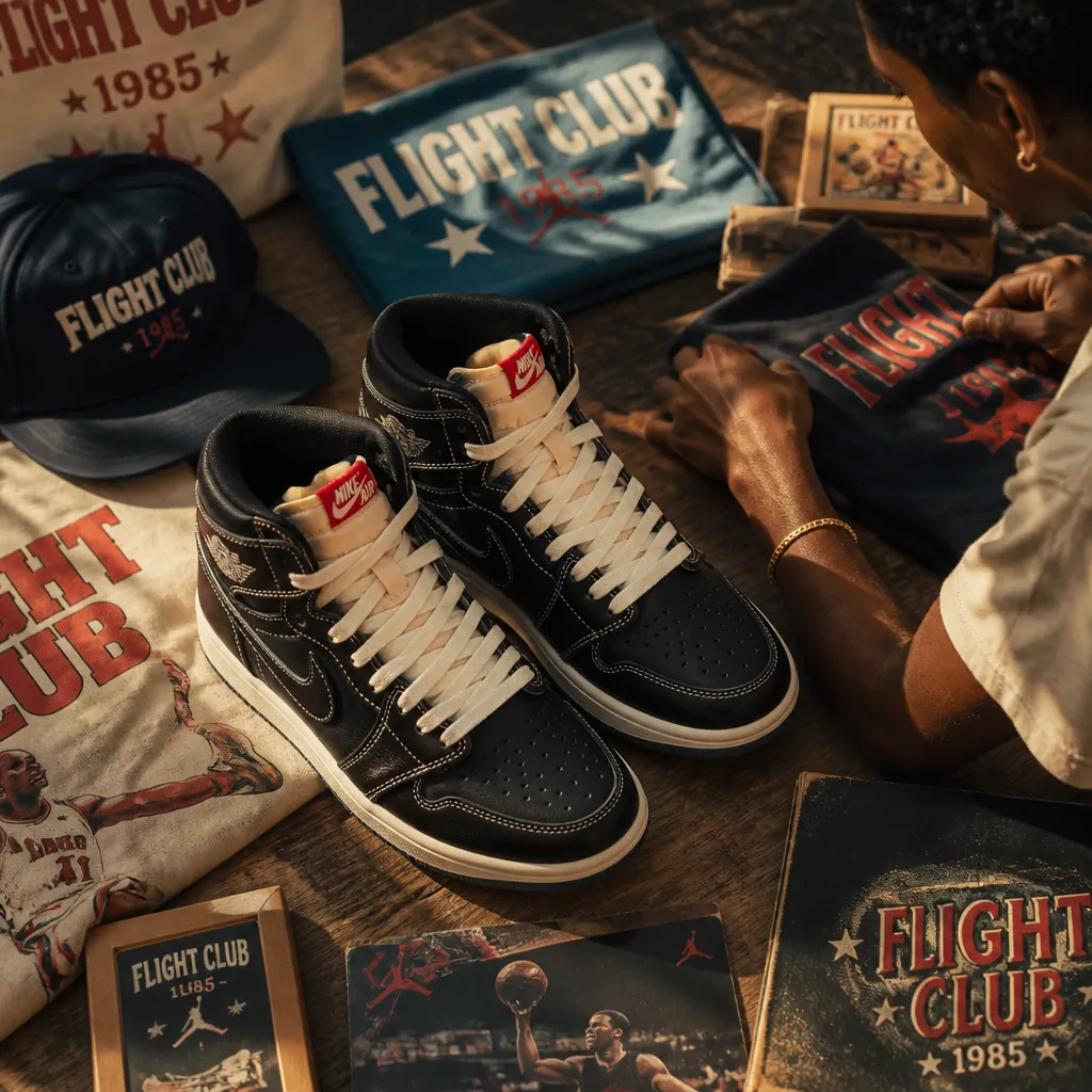 Vintage Flight Club merchandise collection from 1985 including exclusive tees, caps, and collectible items displayed on a retro backdrop