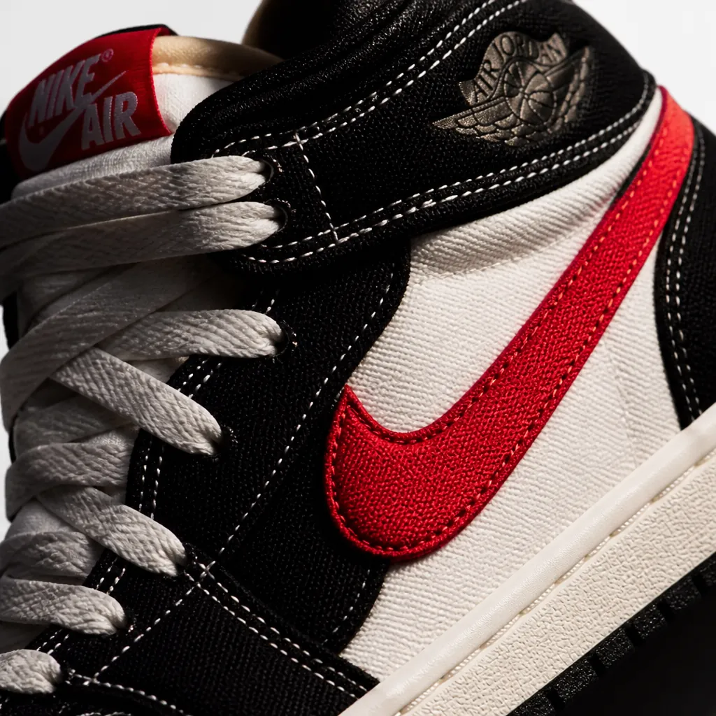 Detail shot of the University Red swoosh accent on the sneaker side profile with dramatic lighting