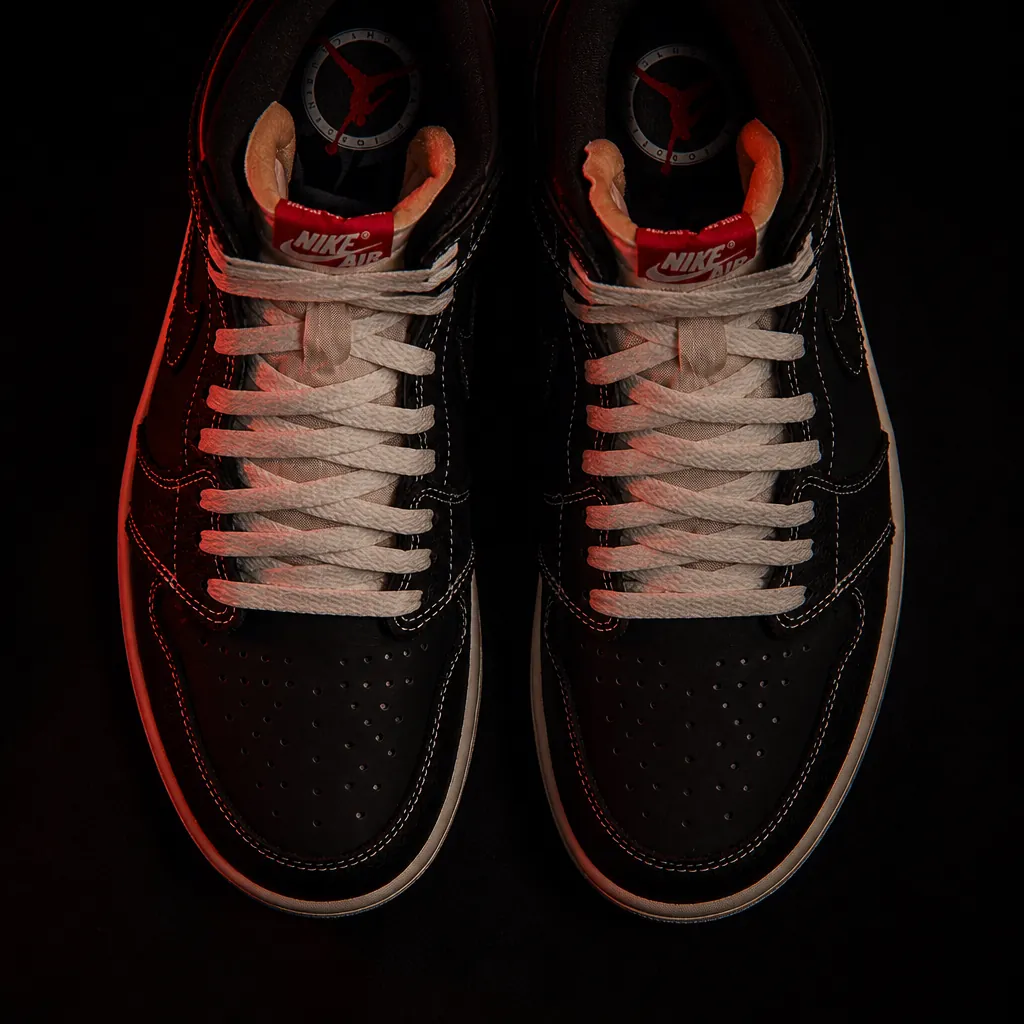 Dramatic silhouette reveal of the Air Jordan 1 Flight Club against a dark background with subtle red lighting accents