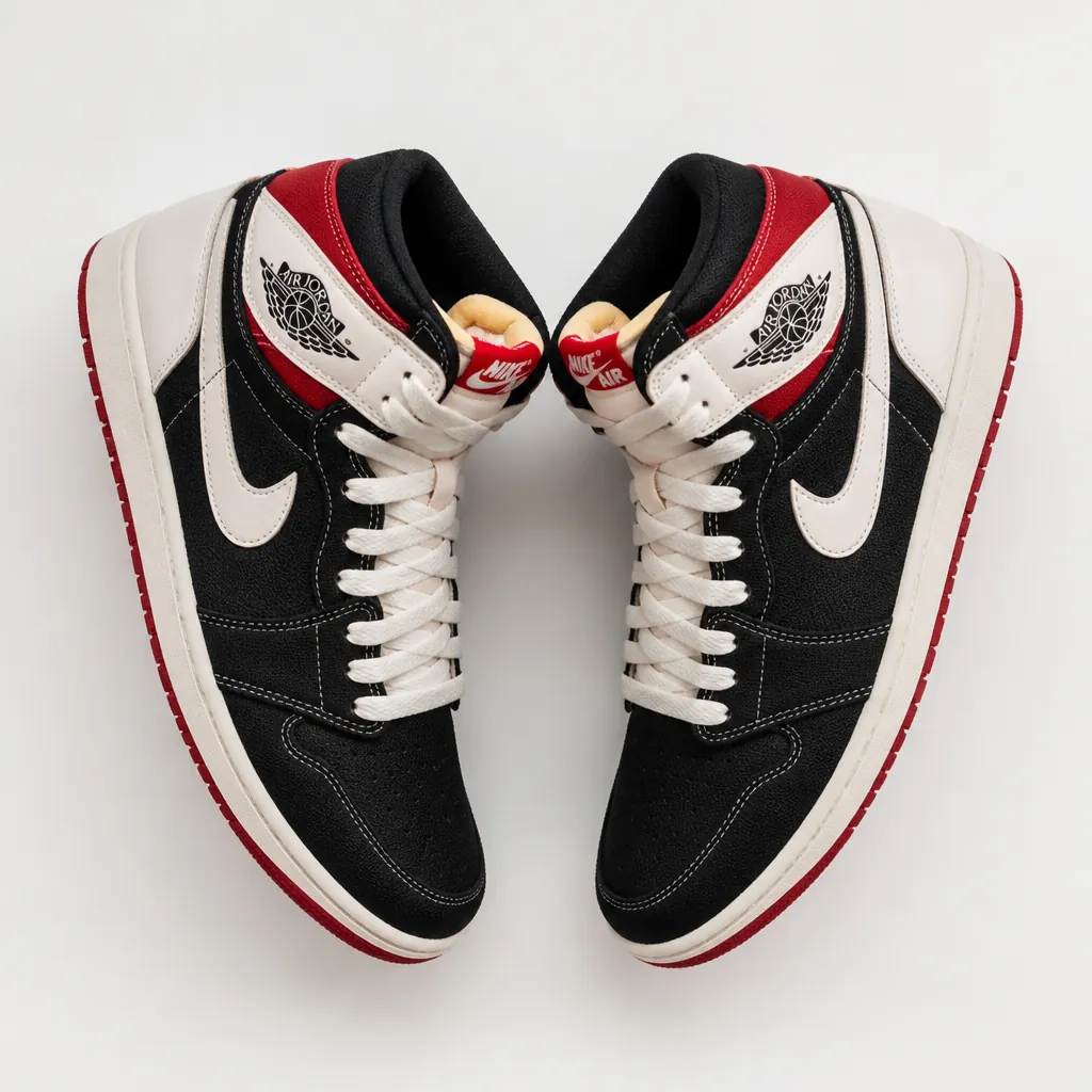 Full profile view of the Air Jordan 1 showing classic color blocking pattern with white and red on black
