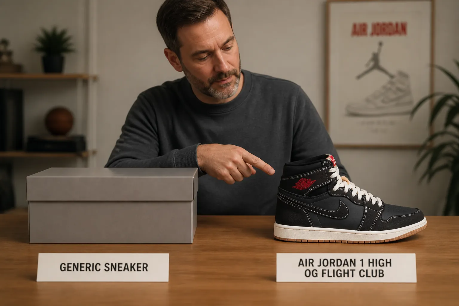 Side-by-side comparison chart showing AJ1 Flight Club features versus generic sneakers
