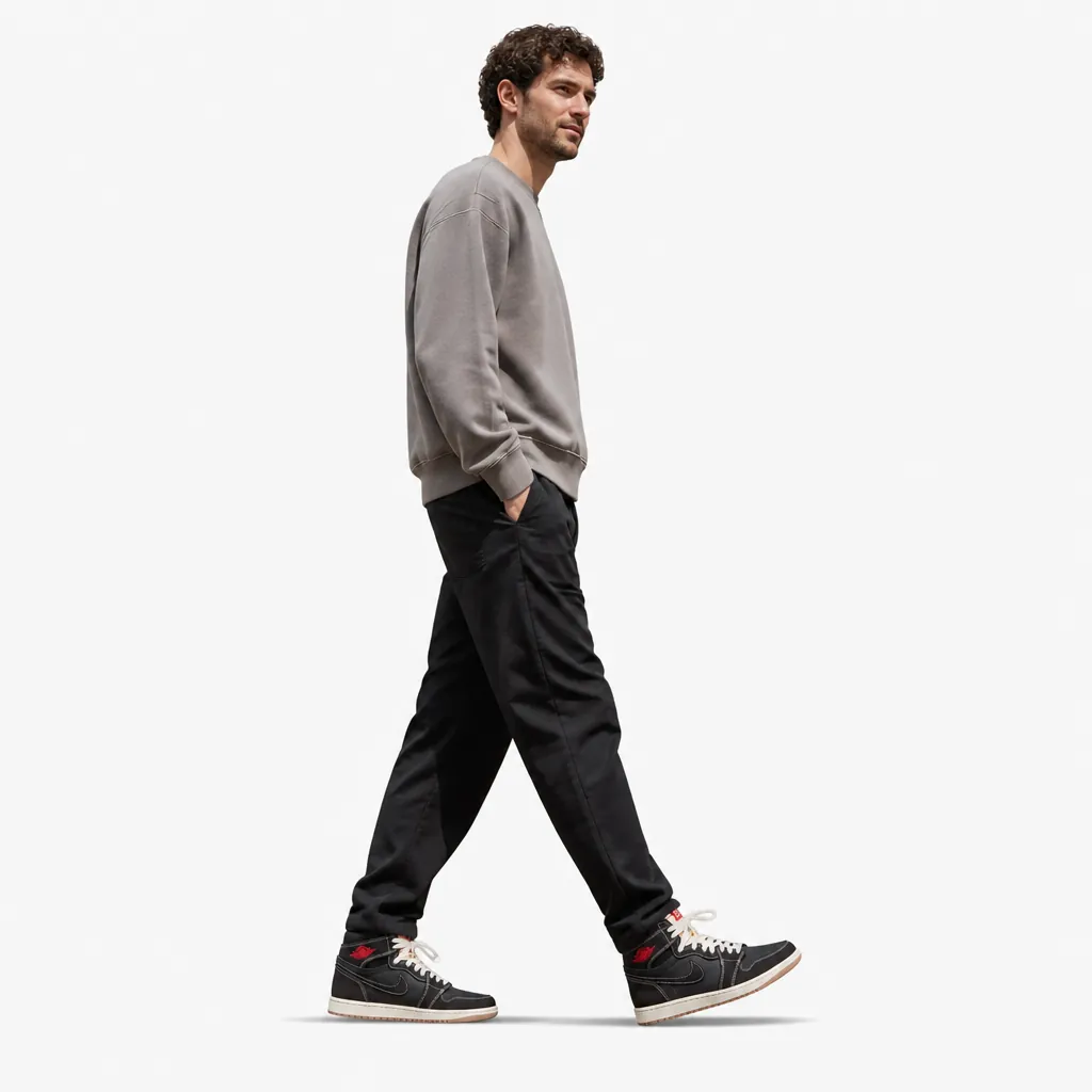 Professional lifestyle shot of a person walking confidently in Air Jordan 1 Flight Club sneakers with relaxed posture and natural movement