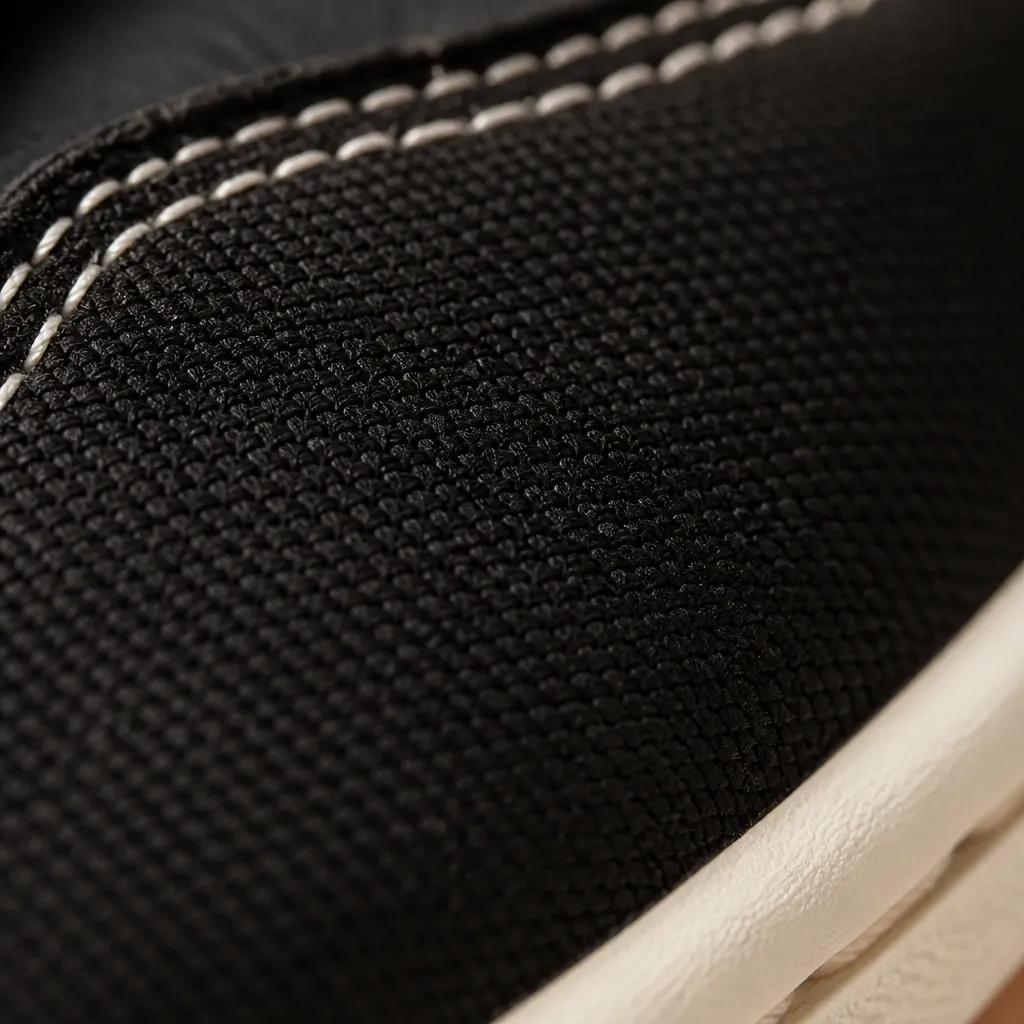 Extreme close-up macro photograph of the premium black woven textile upper showing intricate weave pattern and texture detail