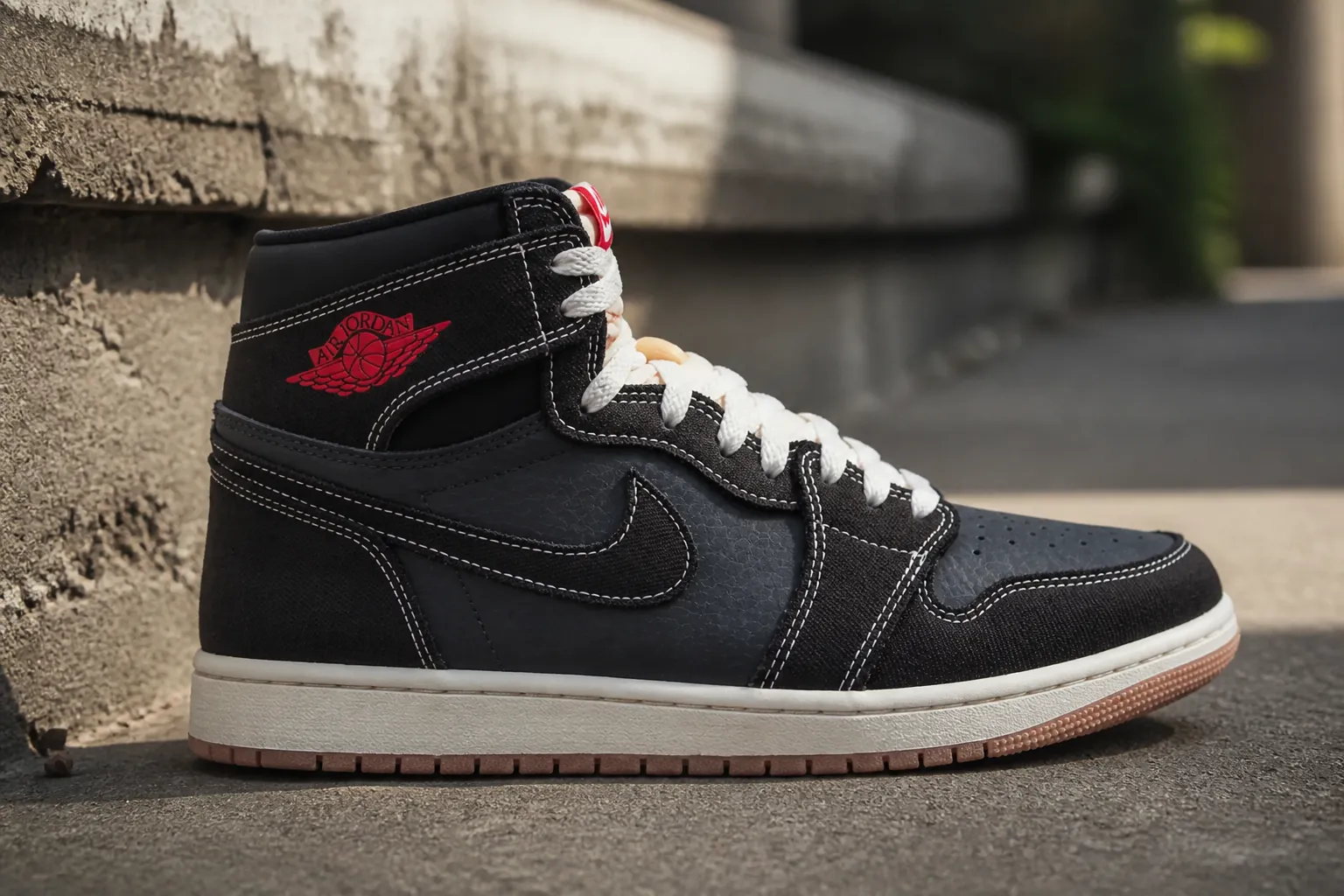 Air Jordan 1 Flight Club side profile view showing the sleek silhouette and black woven upper