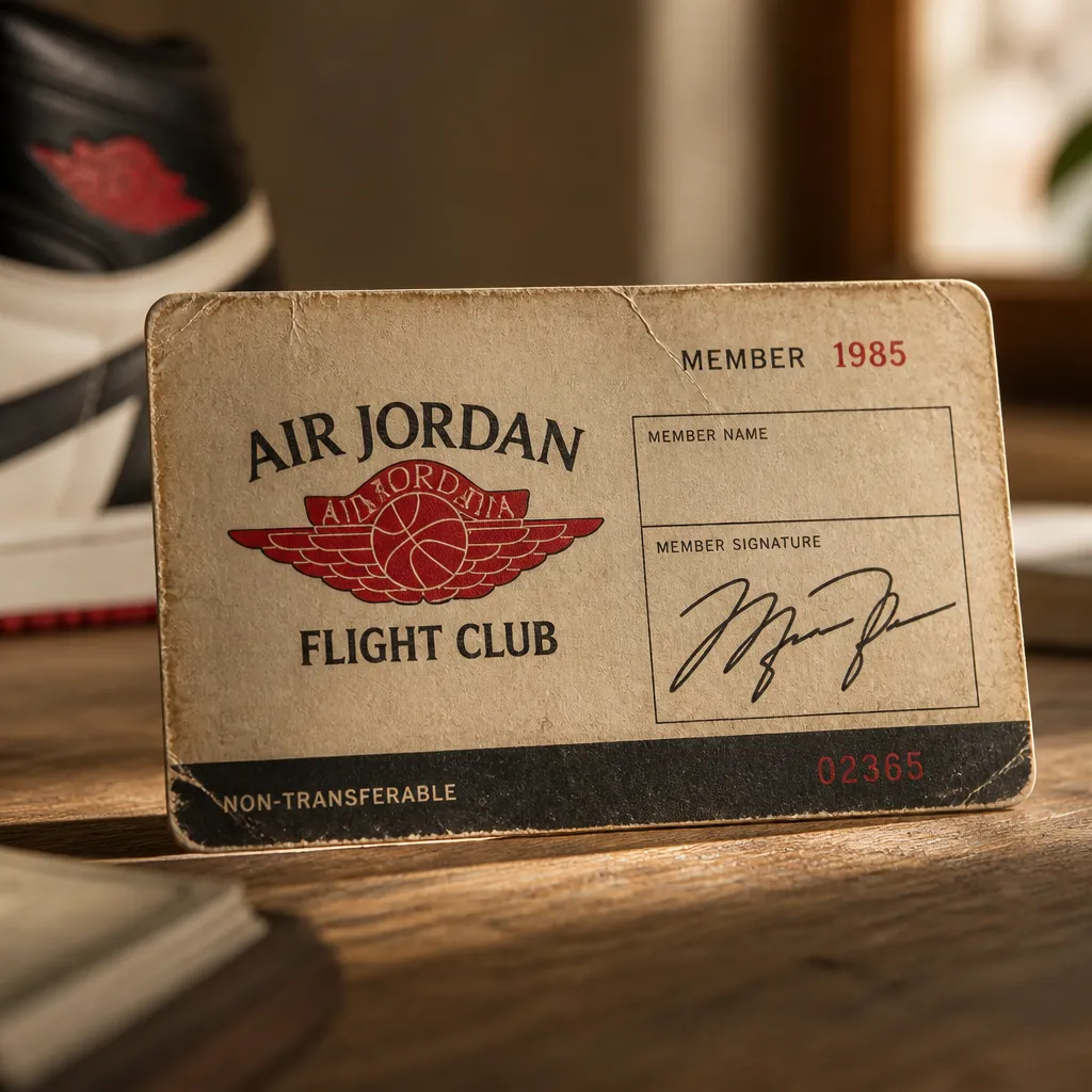 Vintage 1980s Air Jordan Flight Club membership card with retro design and MJ signature