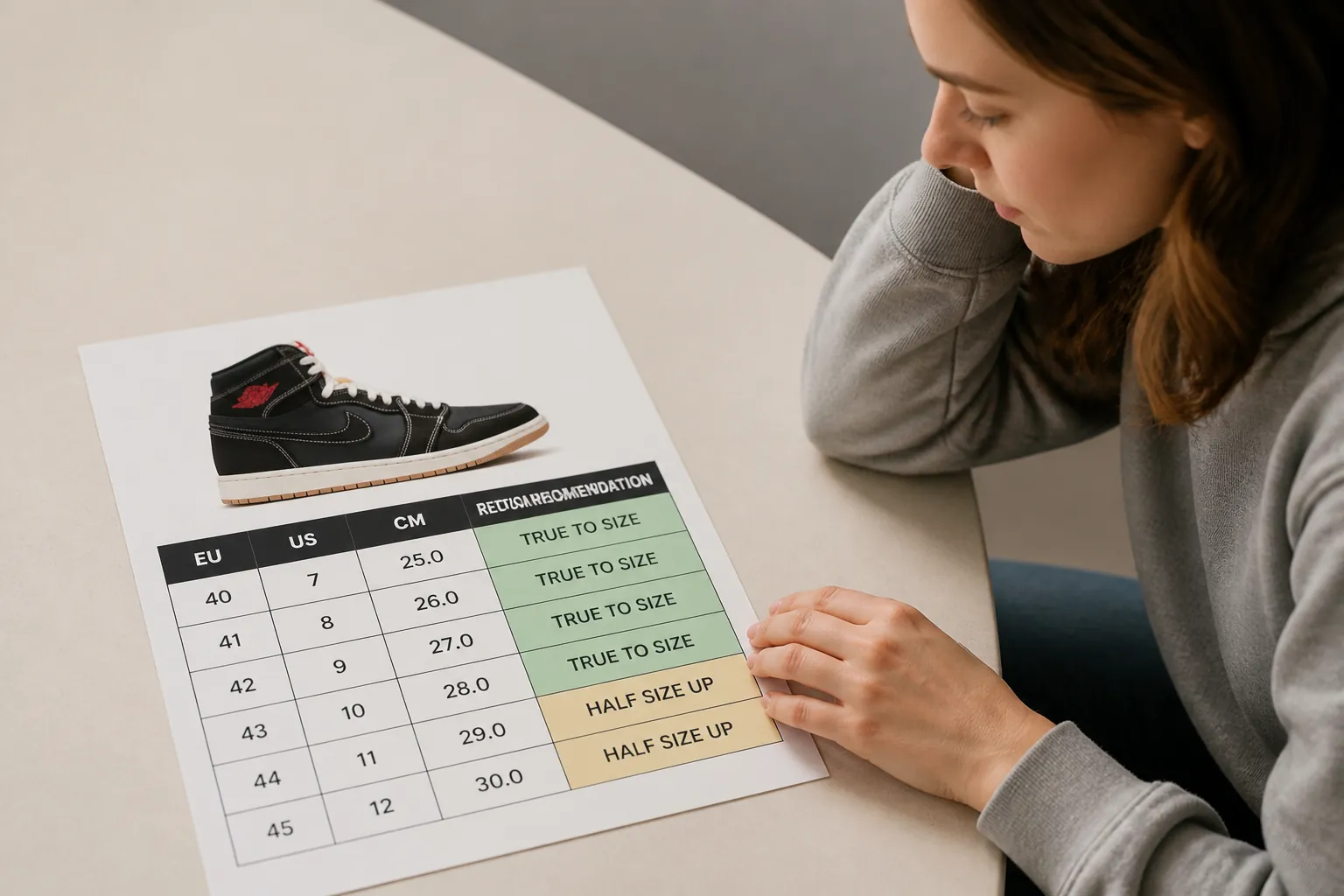 Complete Nike Air Jordan size chart showing foot measurements in centimeters for sizes 7 through 12 with fitting recommendations