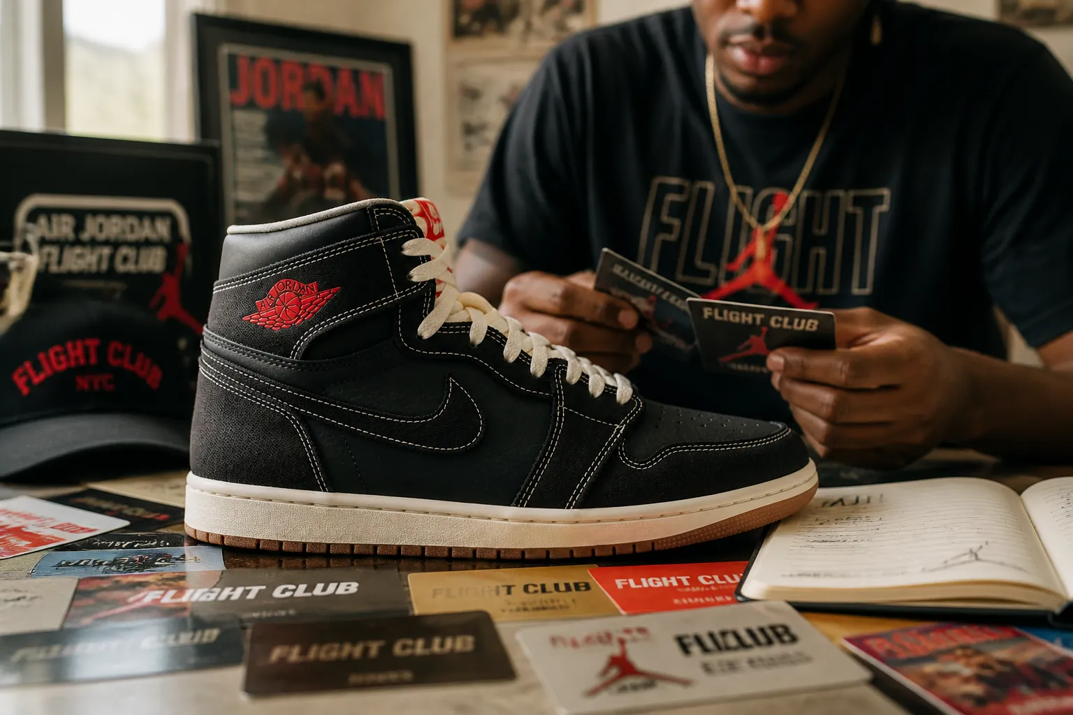 Elegant display of Flight Club membership cards and exclusive Jordan merchandise celebrating decades of fan culture