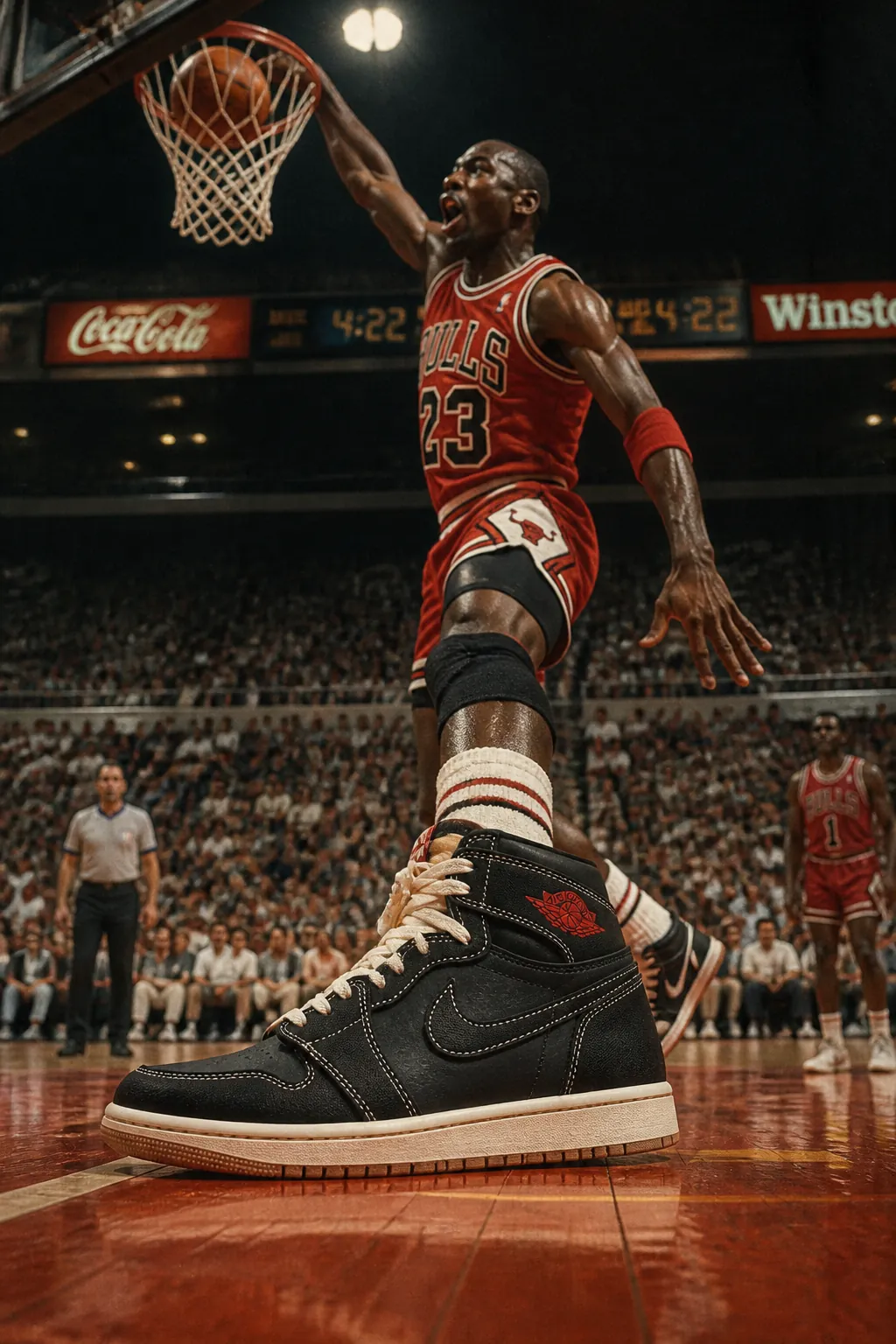 Vintage photograph of Michael Jordan performing an iconic dunk in a classic basketball game with retro camera quality