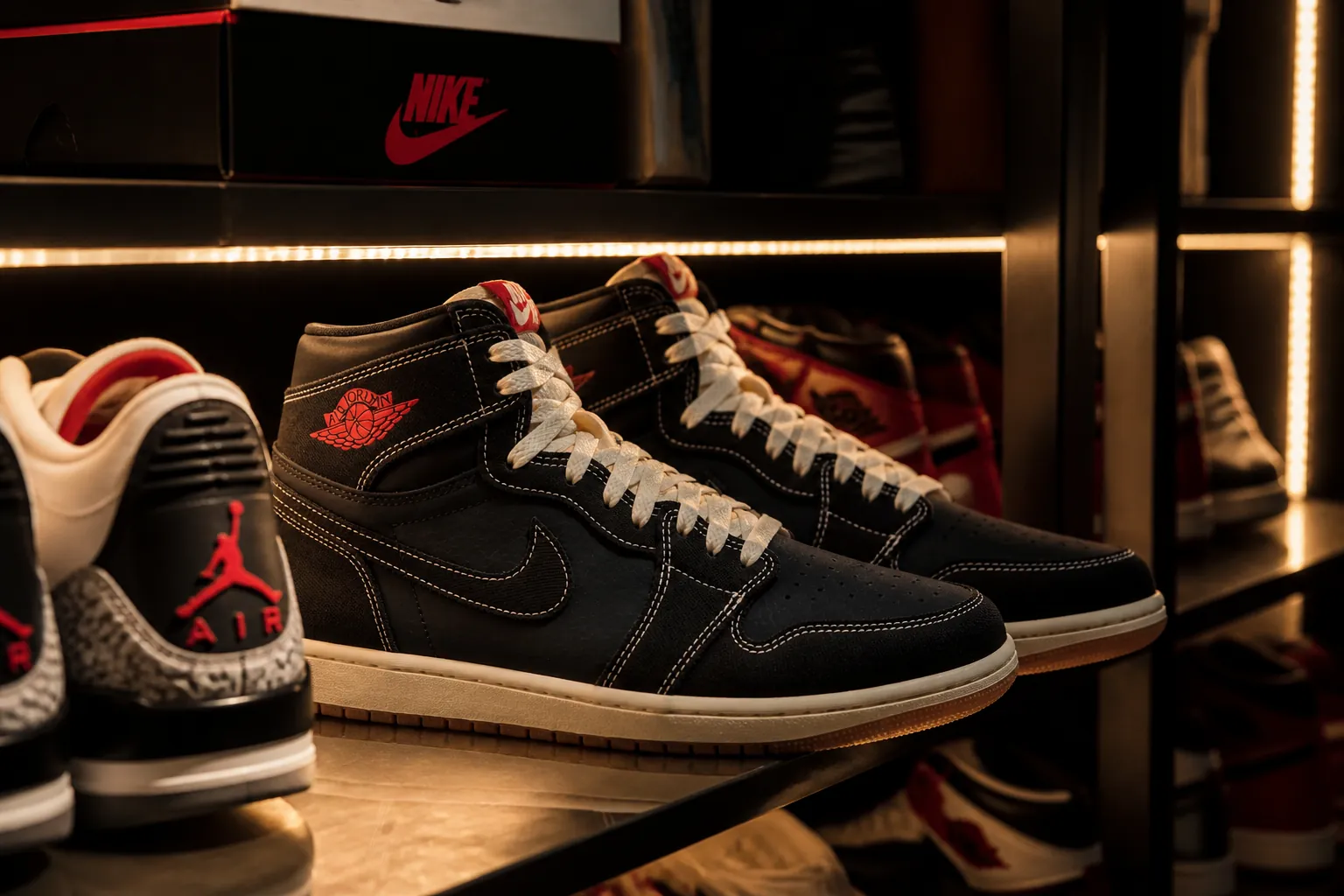 Close-up of a premium sneaker collection featuring Jordan retros displayed on illuminated shelving with dramatic lighting