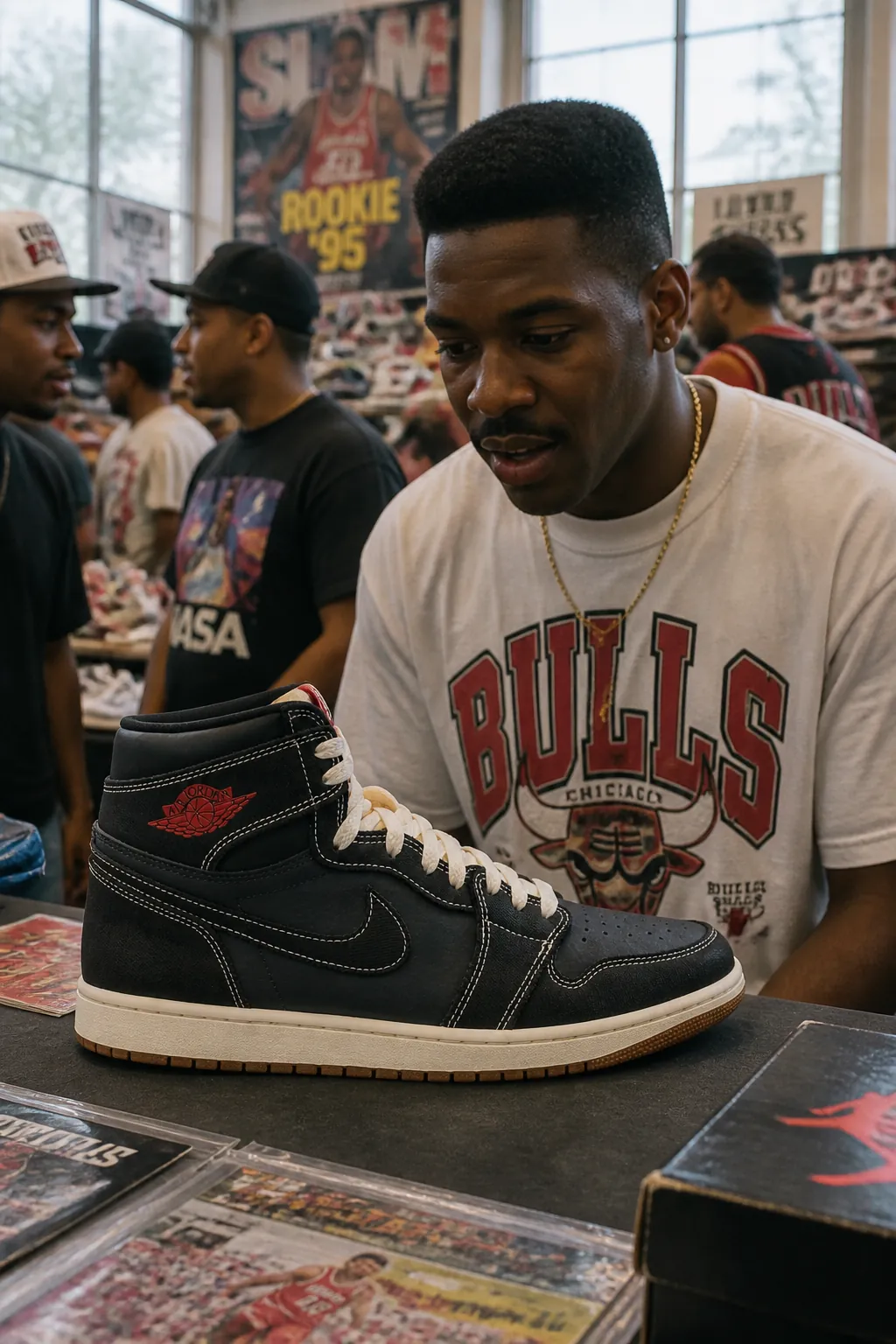 Basketball sneaker culture from the mid-90s showing collectors and fans at an event with vintage aesthetic