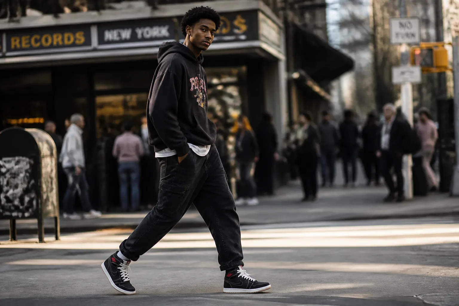 Urban street style featuring a confident young man wearing Jordan sneakers and streetwear fashion in a city setting