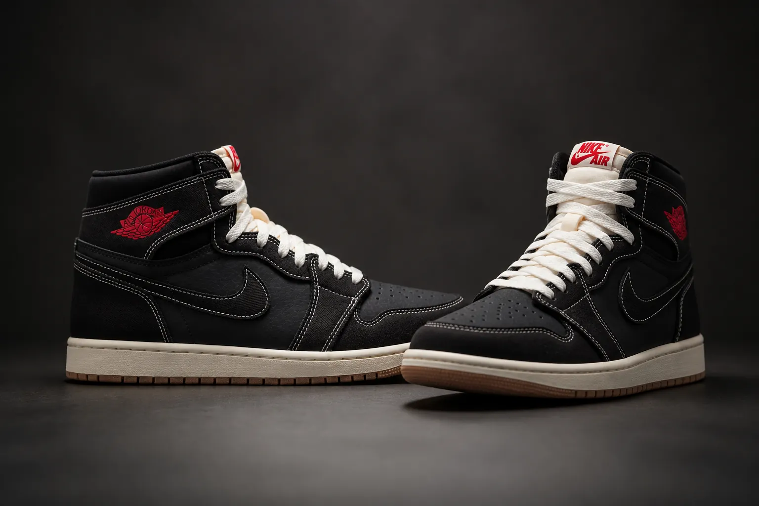 Full side profile and three-quarter view of the complete Air Jordan 1 High OG Flight Club sneaker against a dark gradient