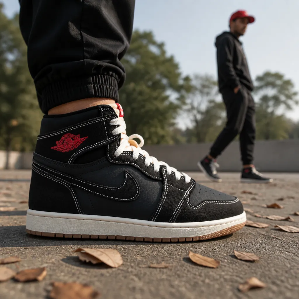 Sporty full-body shot of AJ1 Flight Club with matching black track pants and red cap outdoors