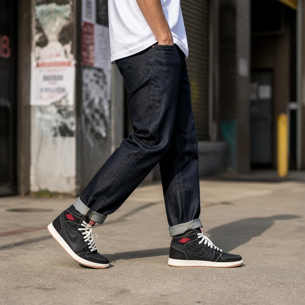 Lifestyle photo of person wearing AJ1 Flight Club with cuffed dark blue jeans and white tee in urban setting