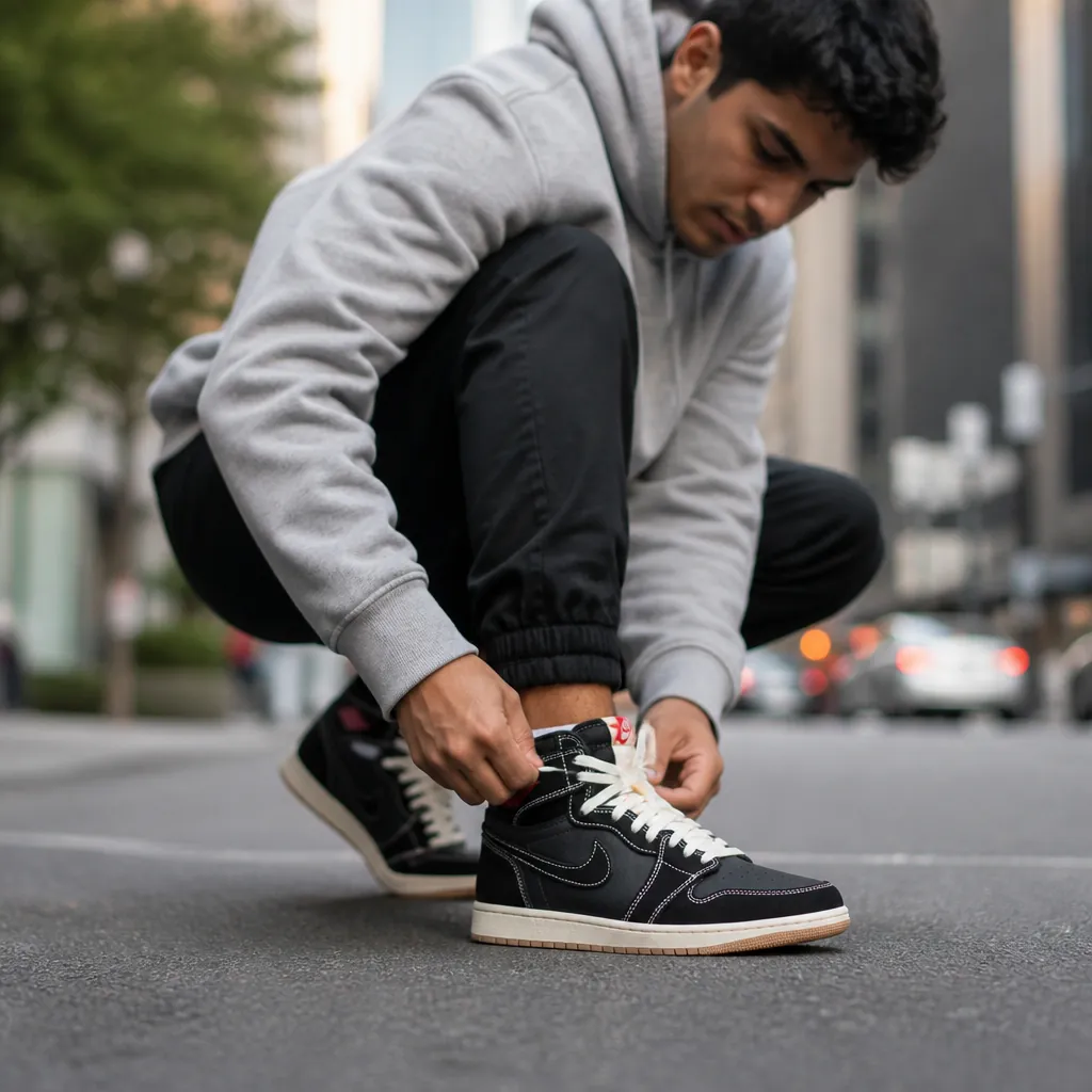 Athleisure photo of AJ1 Flight Club styled with black joggers and grey hoodie on city street