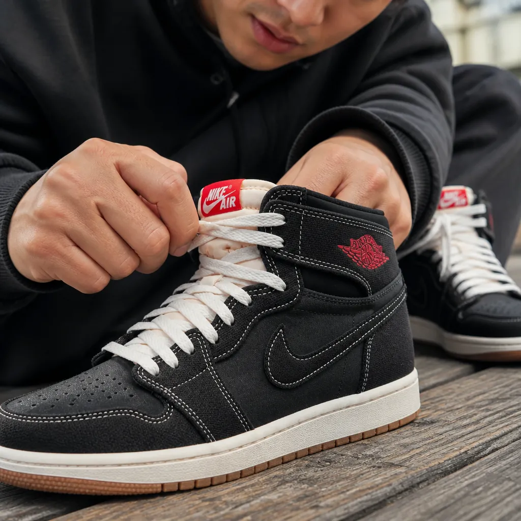 Detailed view of the University Red accent panels and Nike Air branding on the heel of the Air Jordan 1