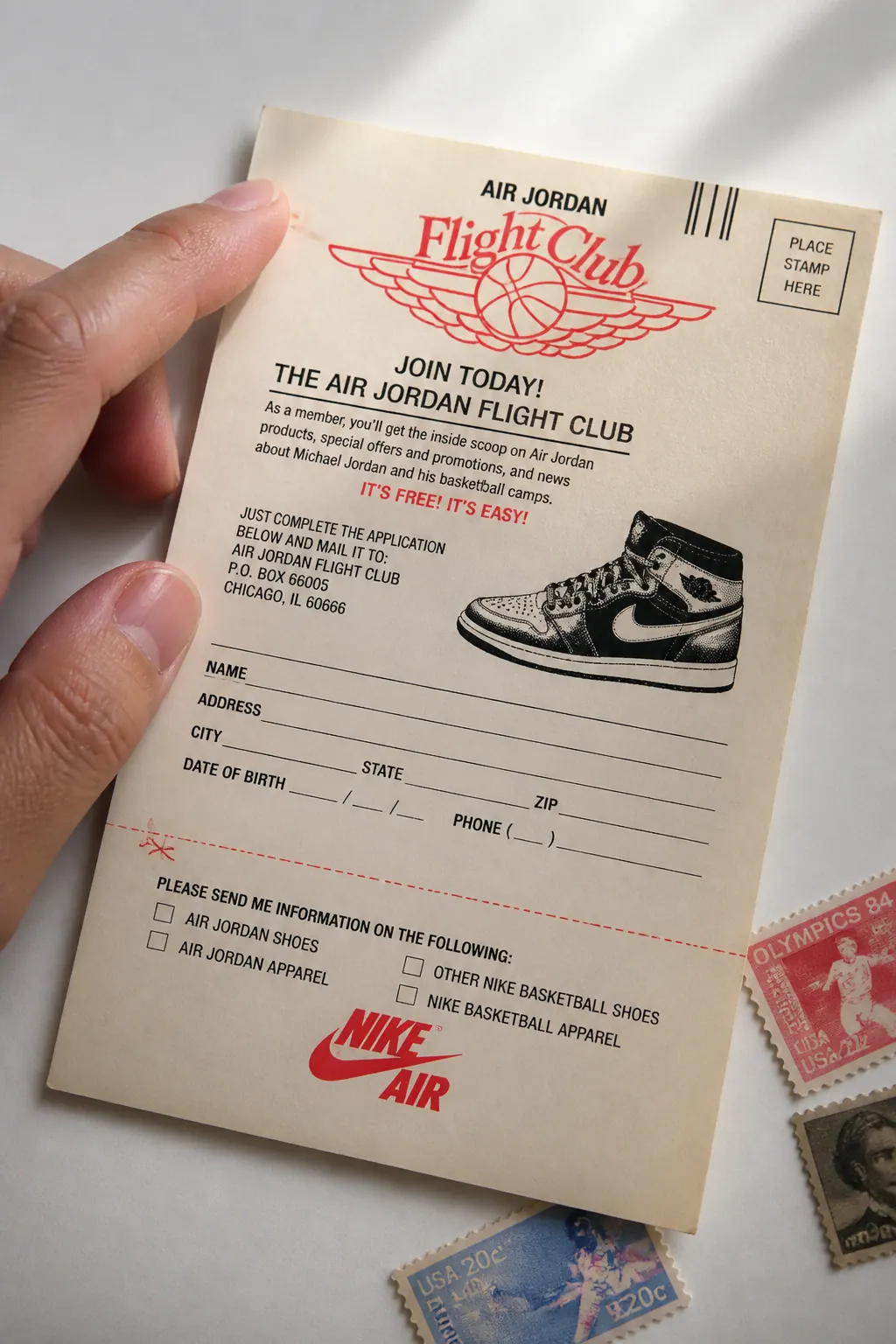 Vintage Flight Club mail-in form from the 1980s featuring classic Jordan branding and the iconic red and black color scheme