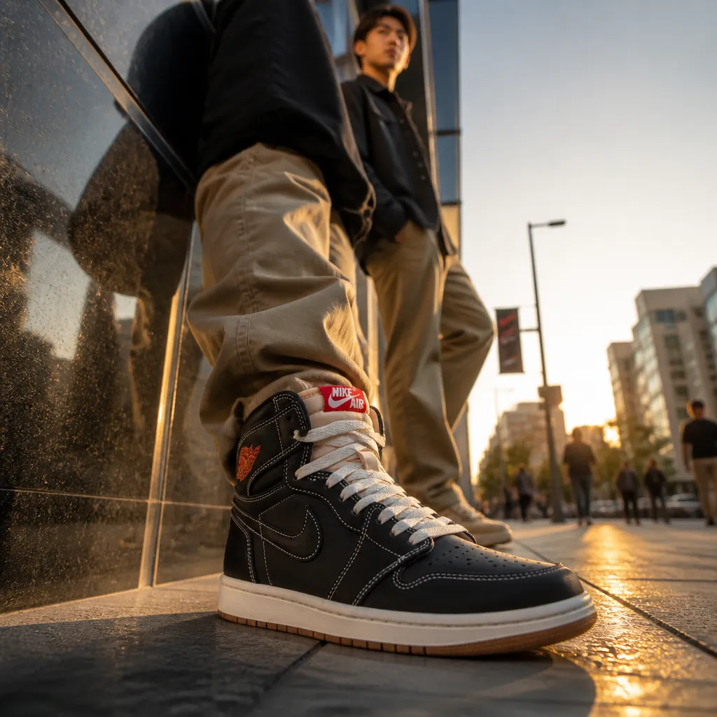Confident young professional confidently wearing Air Jordan 1 High OG Flight Club in an urban setting with golden hour lighting