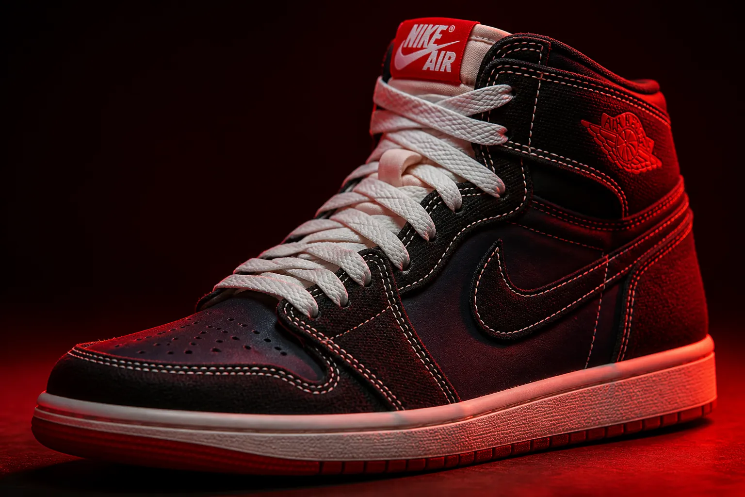 Powerful cinematic shot of Air Jordan 1 High OG Flight Club with dramatic red lighting and shadow creating an emotional visual impact
