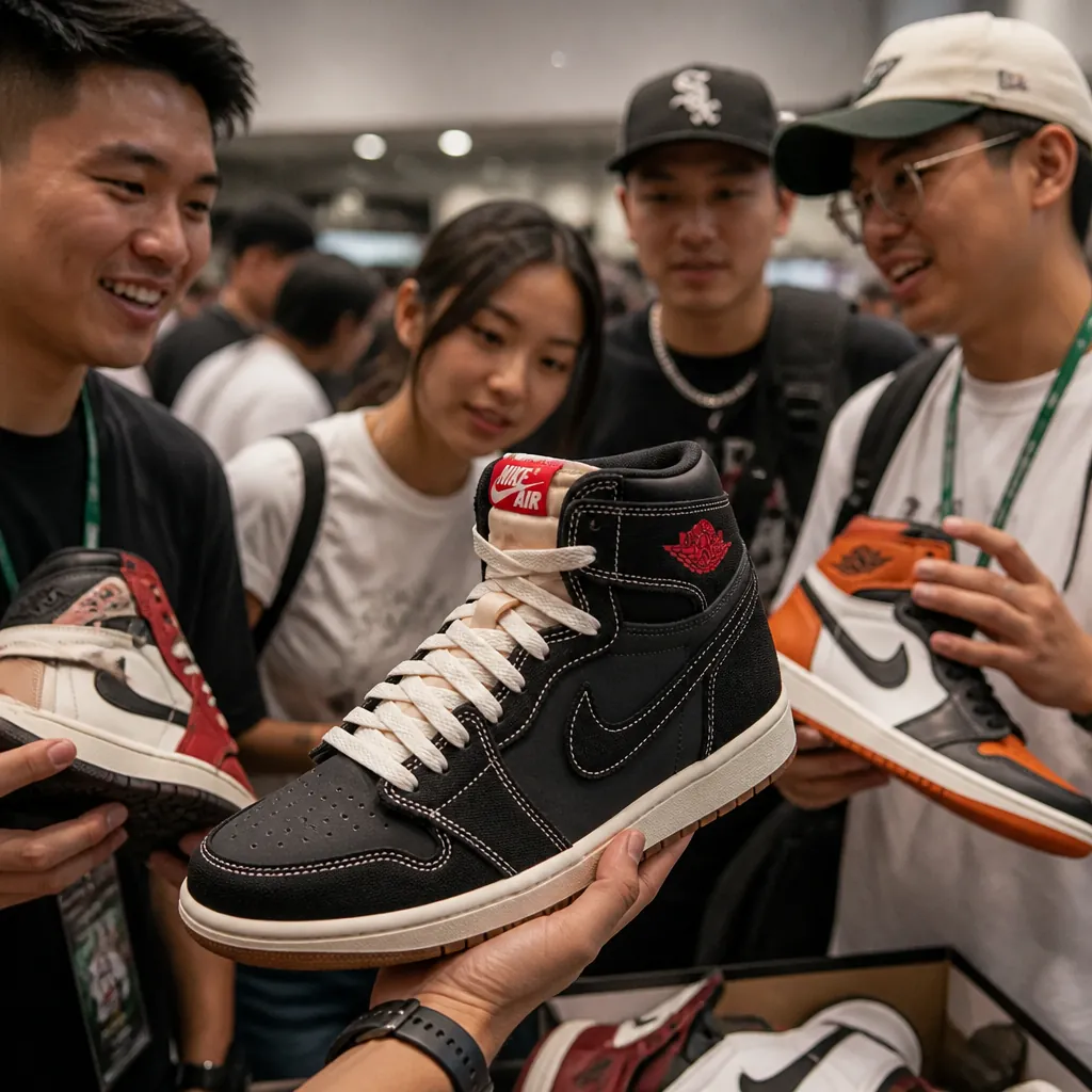Diverse group of passionate Jordan fans gathered at a sneaker convention wearing their favorite AJ1 colorways