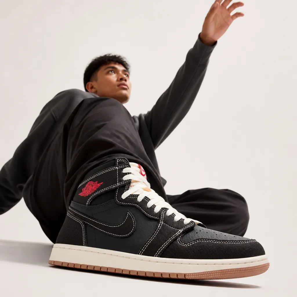 Empowering image of person reaching upward with Air Jordan 1 Flight Club symbolizing ambition and success achievement