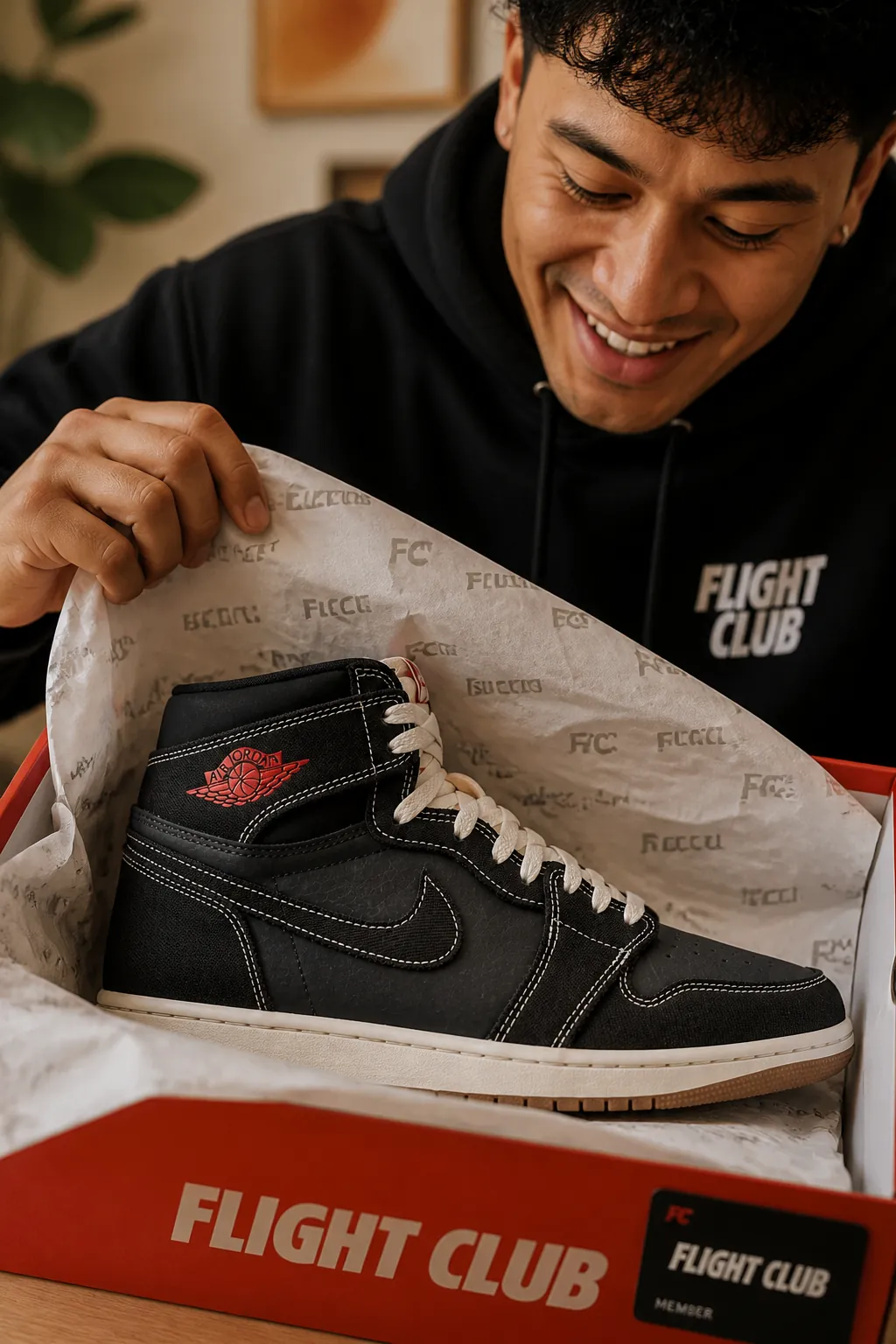 Flight Club member unboxing their new AJ1 Flight Club with excitement and premium packaging reveal