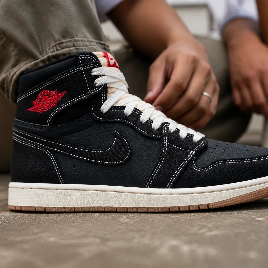 Toe box detail showing woven textile upper with white and red accent stitching