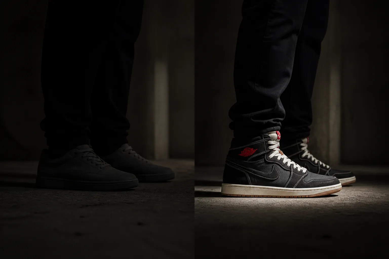 Before transformation: anonymous person wearing generic sneakers, standing in shadows with no distinctive style identity