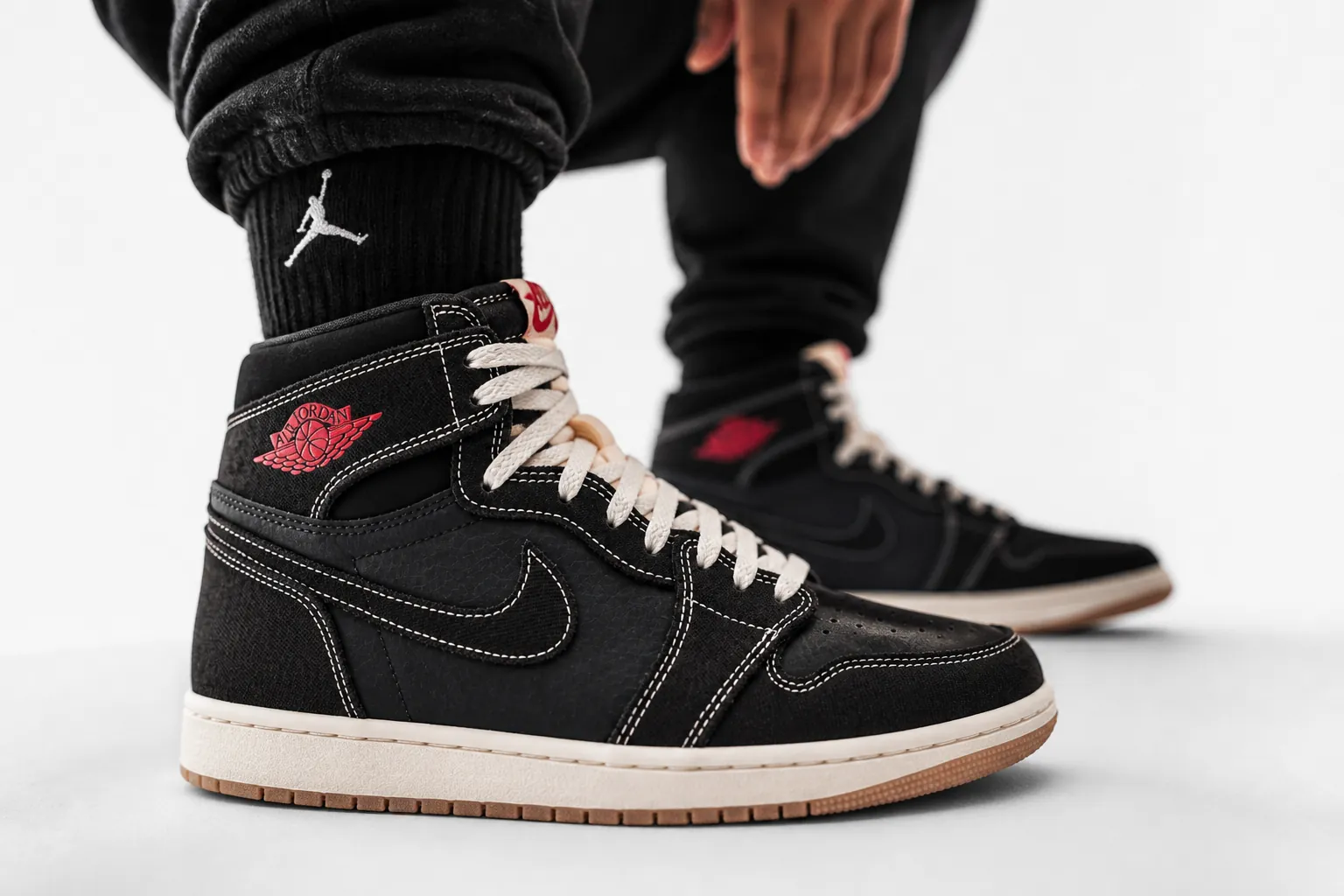 After transformation: confident sneakerhead wearing Air Jordan 1 Flight Club, dramatic lighting highlighting premium sneaker and bold style confidence