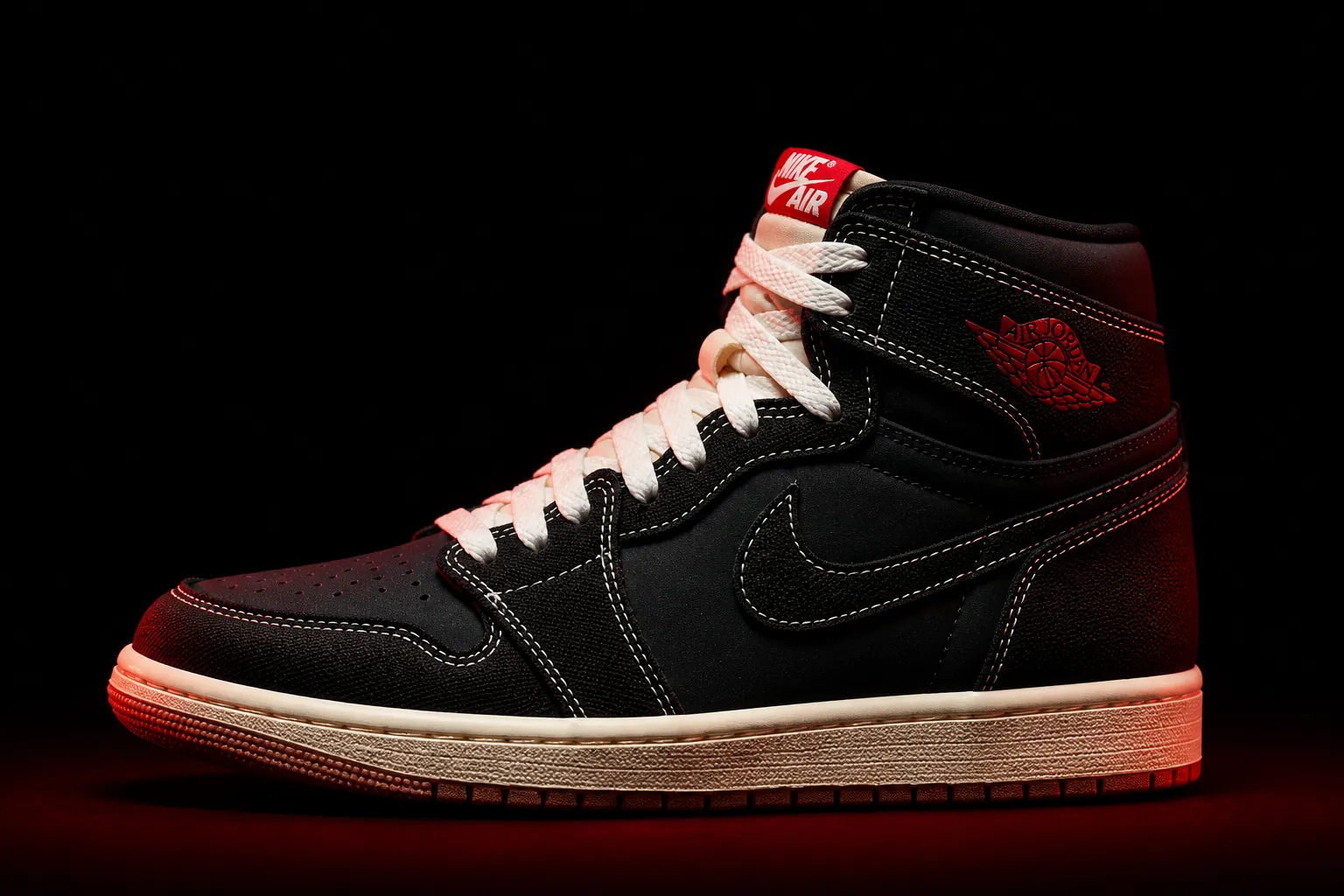 Full dramatic hero shot of the Air Jordan 1 High OG Flight Club centered on a black background with dramatic red accent lighting creating an atmospheric and premium showcase of the legendary sneaker
