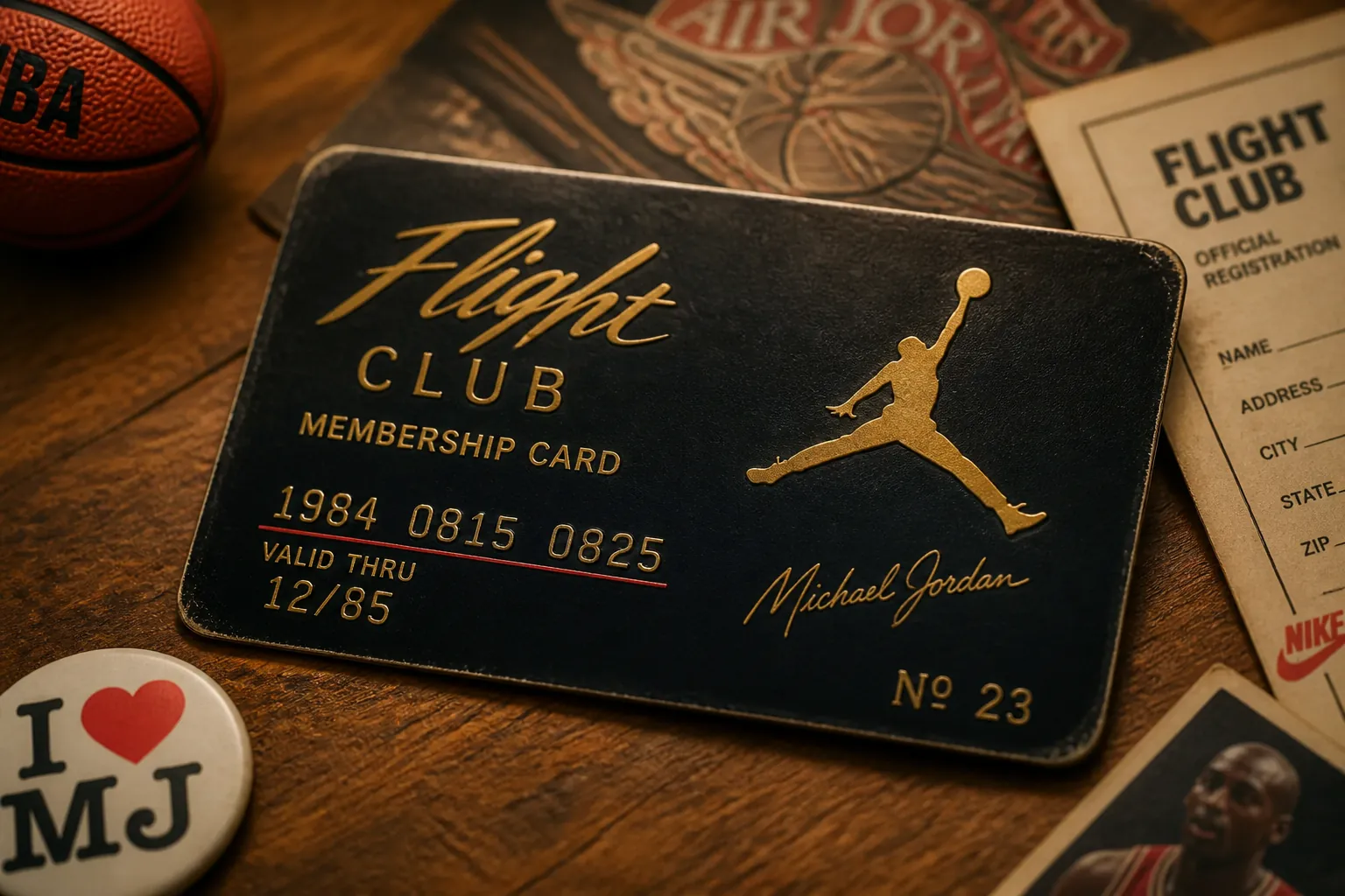 Vintage 1980s Flight Club membership card with retro design, gold embossing, and the iconic Jumpman logo surrounded by nostalgic basketball motifs and official club registration details