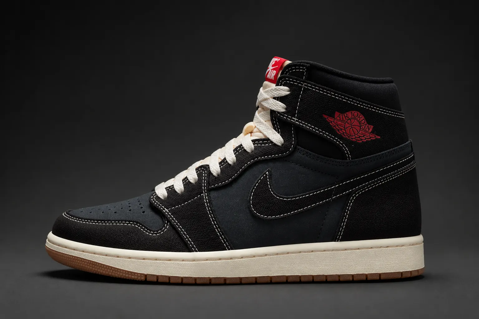Modern Air Jordan 1 High OG Flight Club displayed in side profile against a dark gradient, showcasing the sleek black woven textile construction with white and University Red color blocking that creates the iconic silhouette