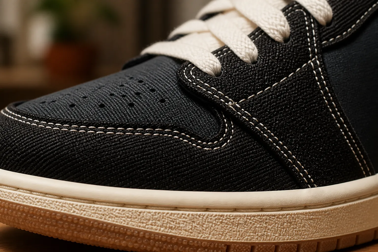 Detailed macro shot of the premium black woven textile upper of the Air Jordan 1, showing the intricate crosshatch pattern and superior craftsmanship with precise weaving that creates durability and a unique textured aesthetic