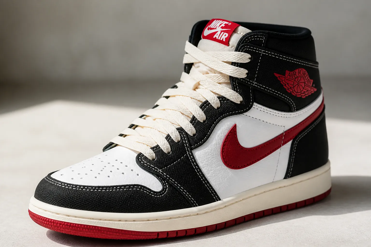 Detailed product shot highlighting the crisp white leather panels contrasted against University Red accents on the Air Jordan 1, showing the classic color blocking that defines the iconic silhouette