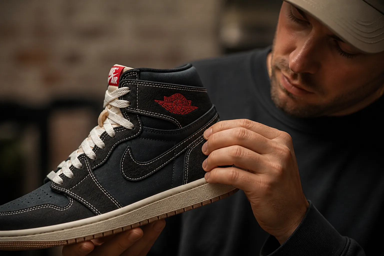 Close-up of the premium stitching details and embroidered Jumpman logo on the Air Jordan 1 Flight Club, showing the meticulous craftsmanship and attention to detail in every stitch