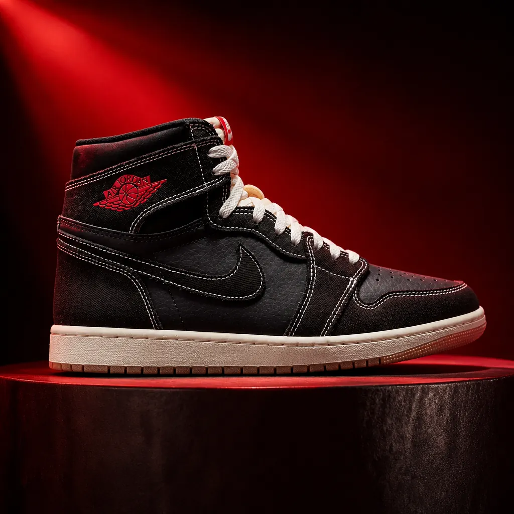 Modern Air Jordan 1 Flight Club sneaker displayed on premium podium with dramatic red spotlight lighting