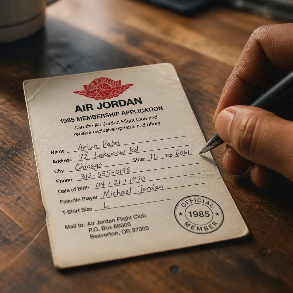Vintage Air Jordan mail-in membership card from 1985 with handwritten application form and official Nike seal