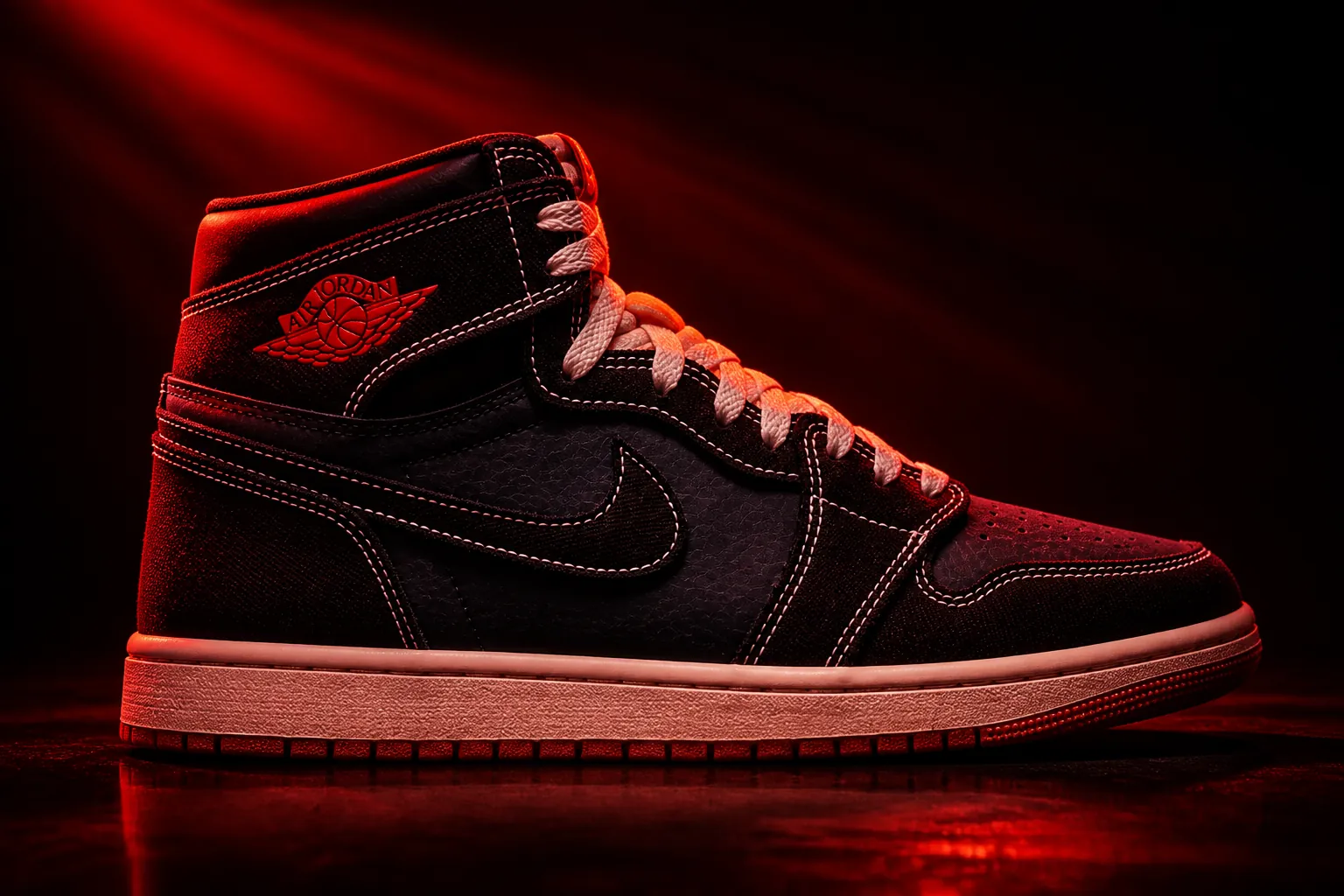 Final dramatic image of Air Jordan 1 Flight Club illuminated by dramatic red spotlight with rays of light
