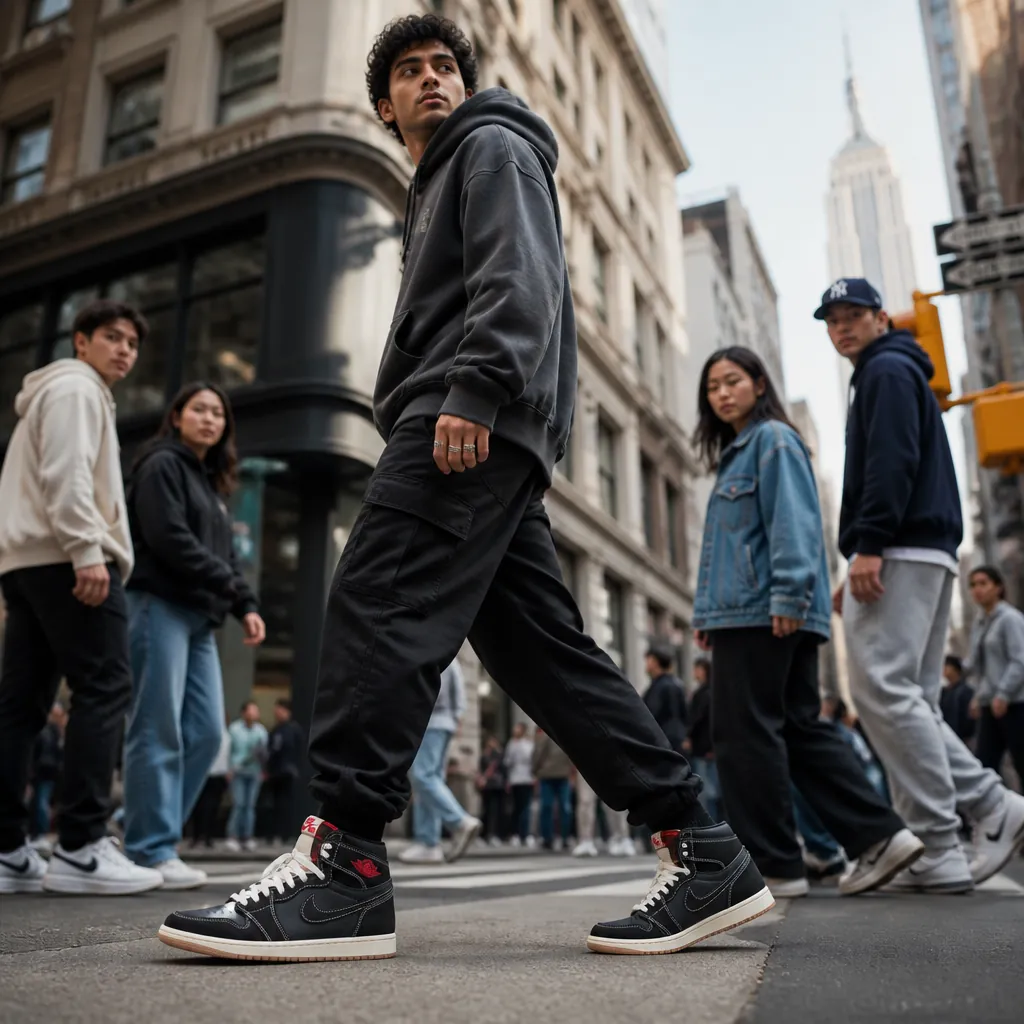 Confident young man wearing Air Jordan 1 Flight Club sneakers walking through city streets with people noticing his shoes