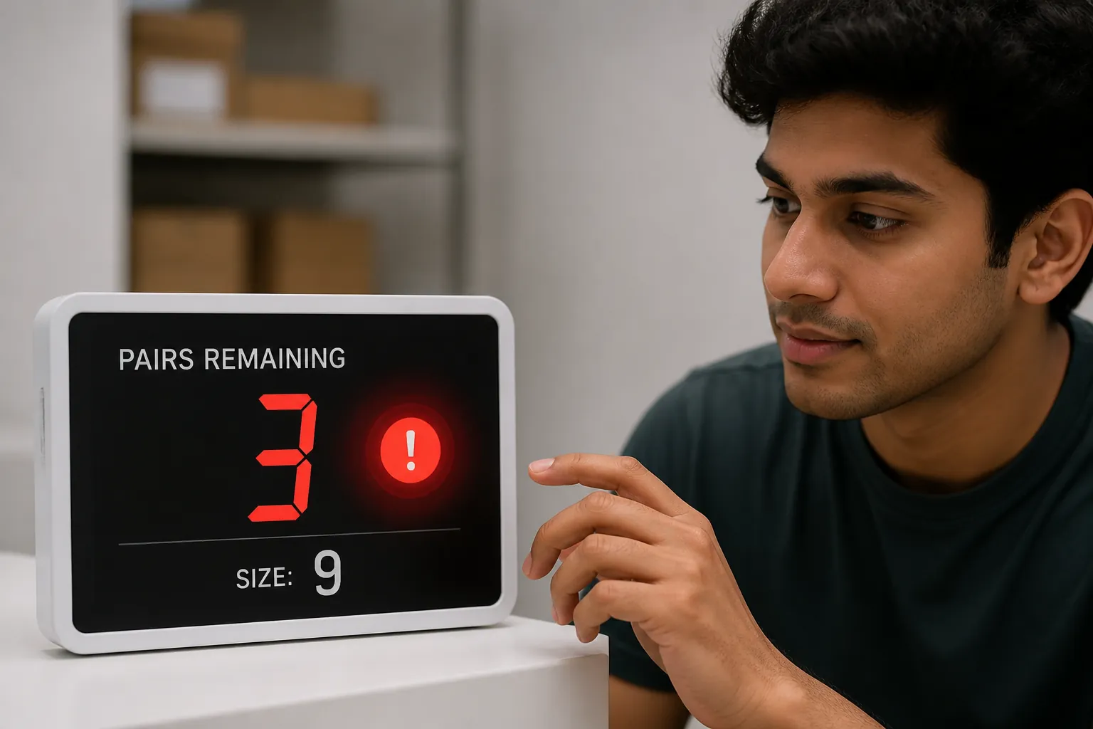 Digital stock counter showing only 3 pairs remaining in size 9 with pulsing red warning indicator