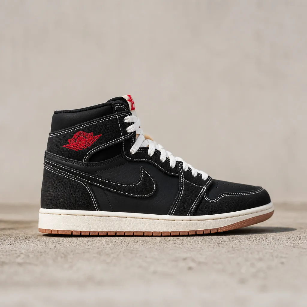 Side profile view showing sleek silhouette with white swoosh and red accent on black woven upper