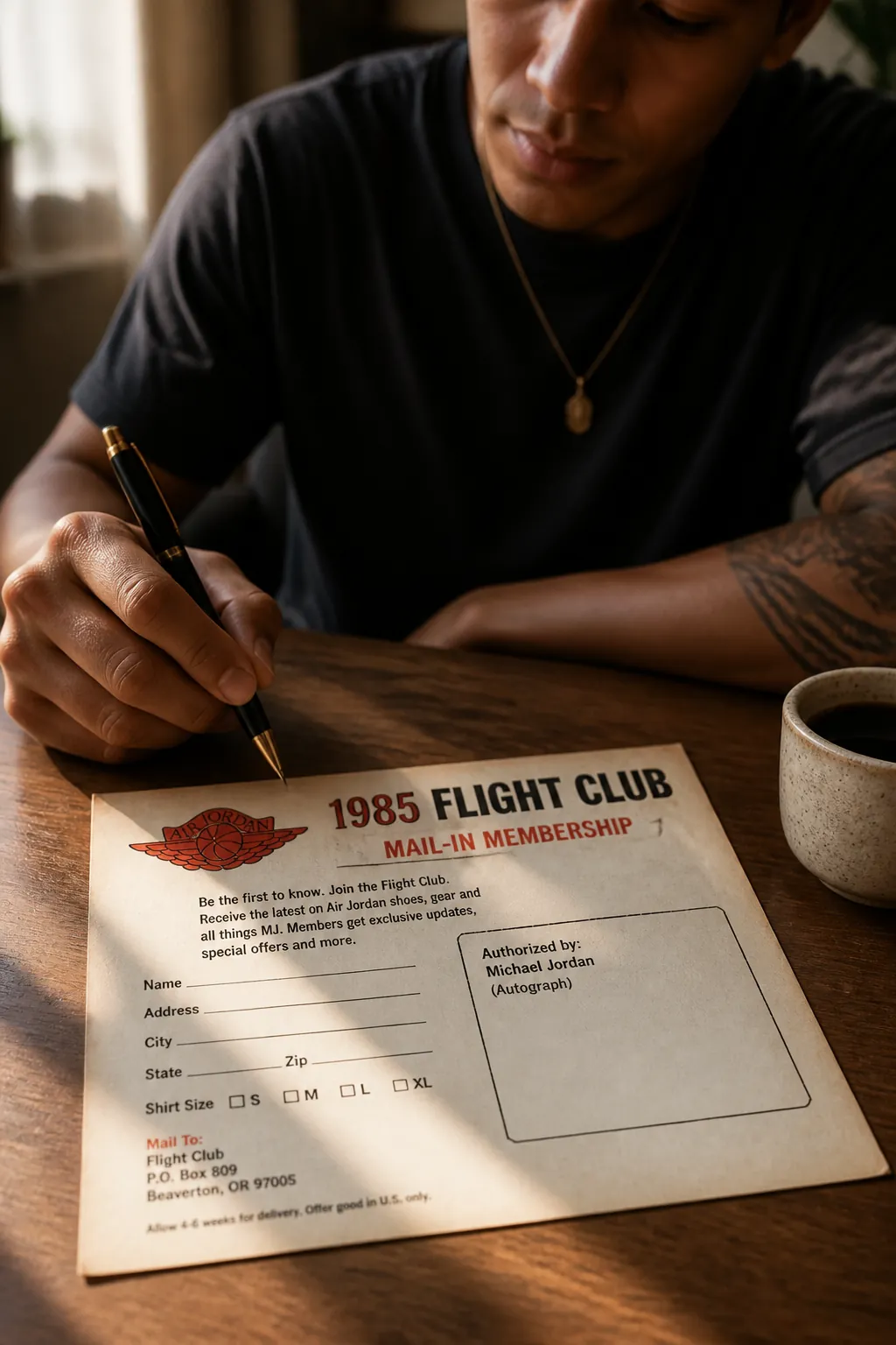 Vintage 1985 Flight Club mail-in membership form with classic typography and MJ autograph placeholder