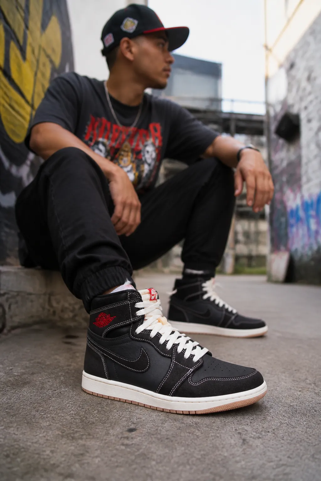 Streetwear fit: stylish individual sporting Flight Club AJ1 with black joggers, graphic tee, and snapback cap