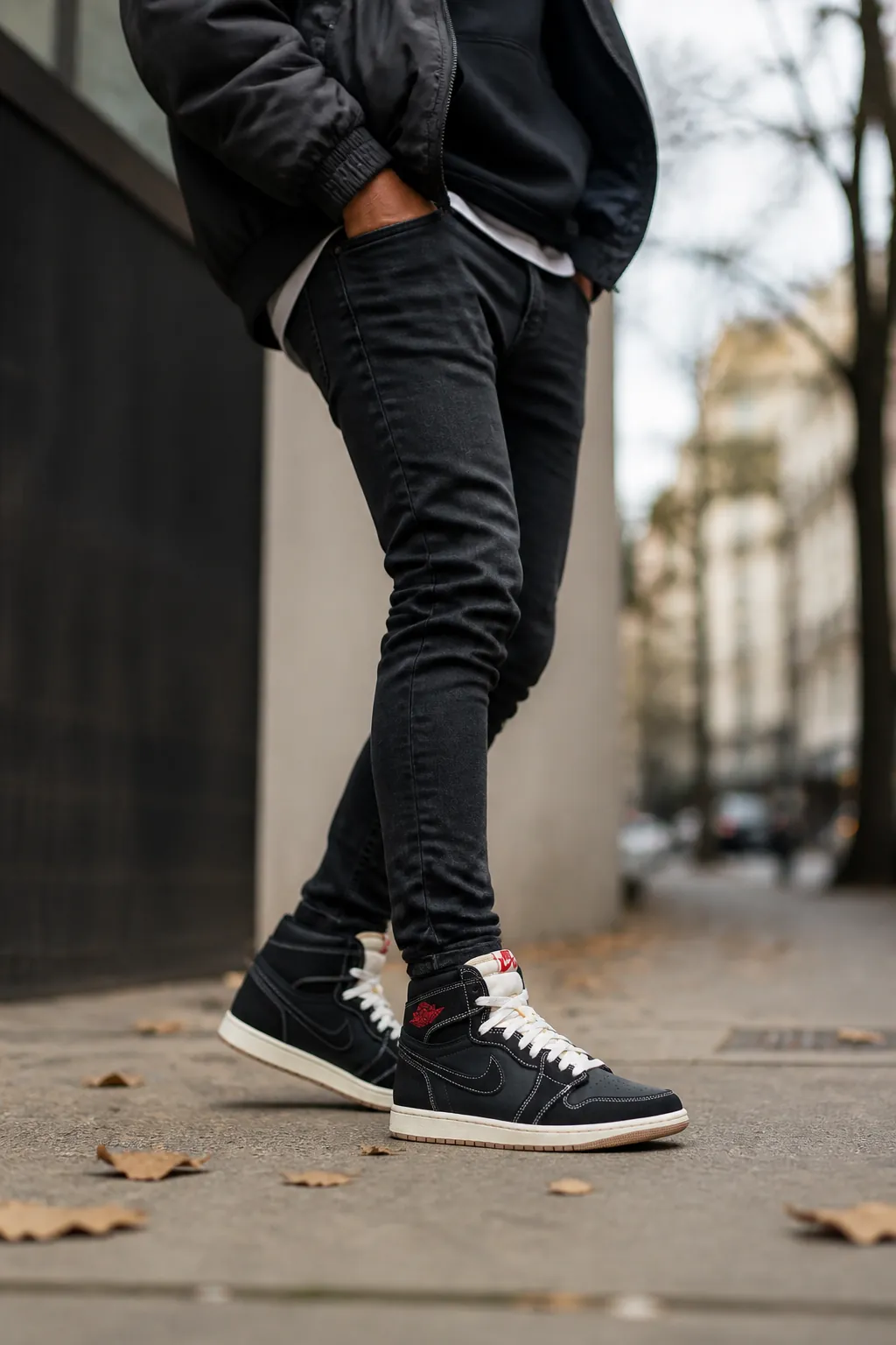 Urban street style: person wearing Air Jordan 1 Flight Club with fitted dark jeans, oversized hoodie, and casual jacket